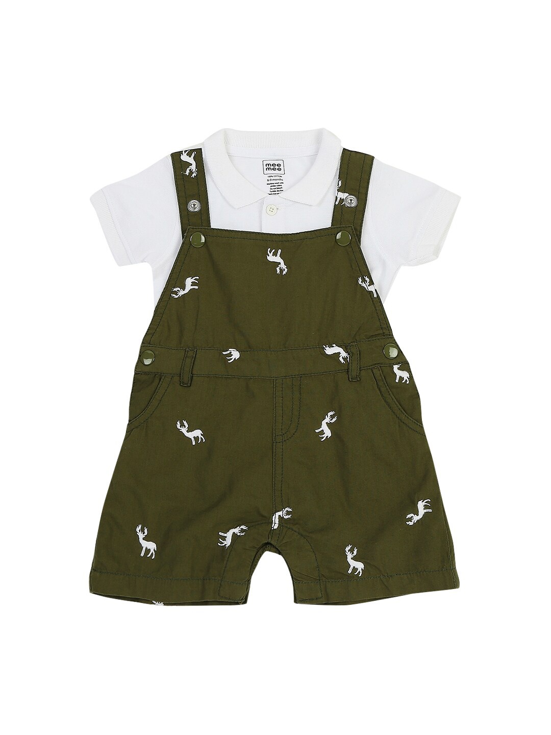 

MeeMee Boys Olive Green & White Cotton Dungaree with Shorts