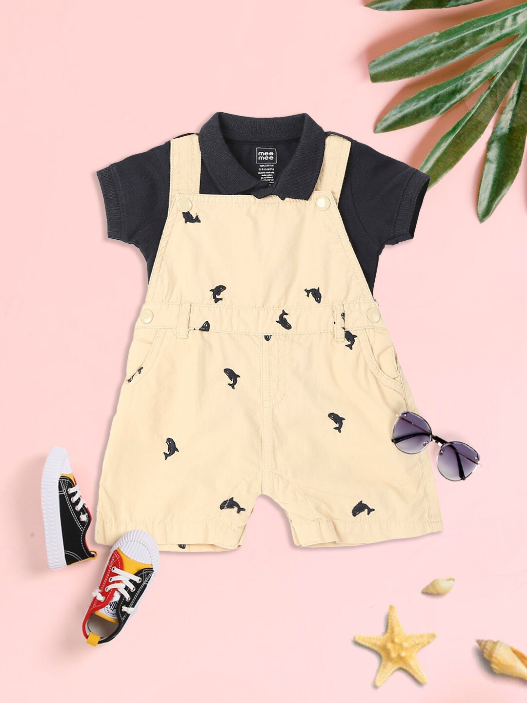 

MeeMee Boys Navy Blue & Beige Pure Cotton T-shirt with Dungaree