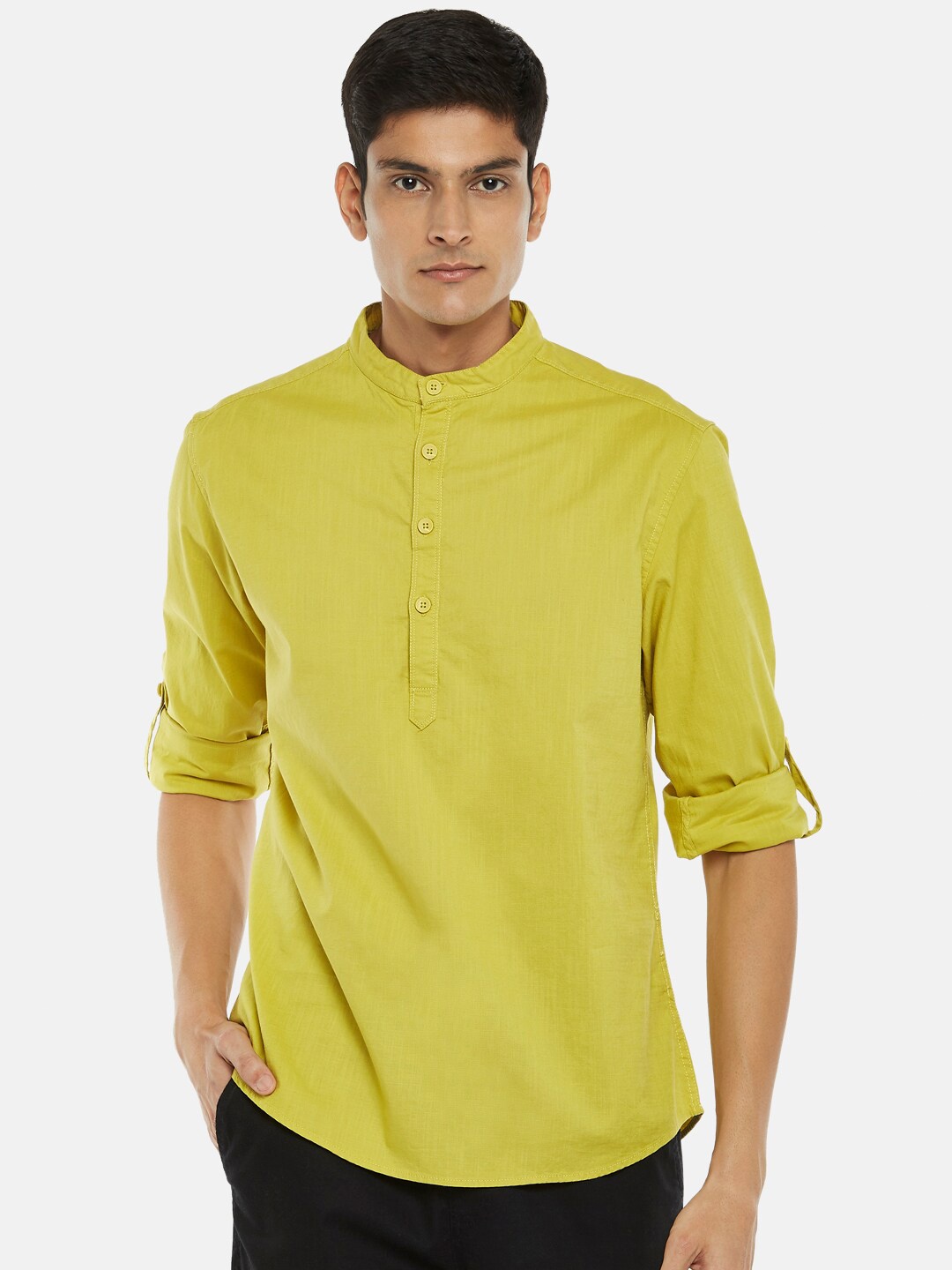 

Urban Ranger by pantaloons Men Yellow Mandarin Collar Pure Cotton Casual Shirt