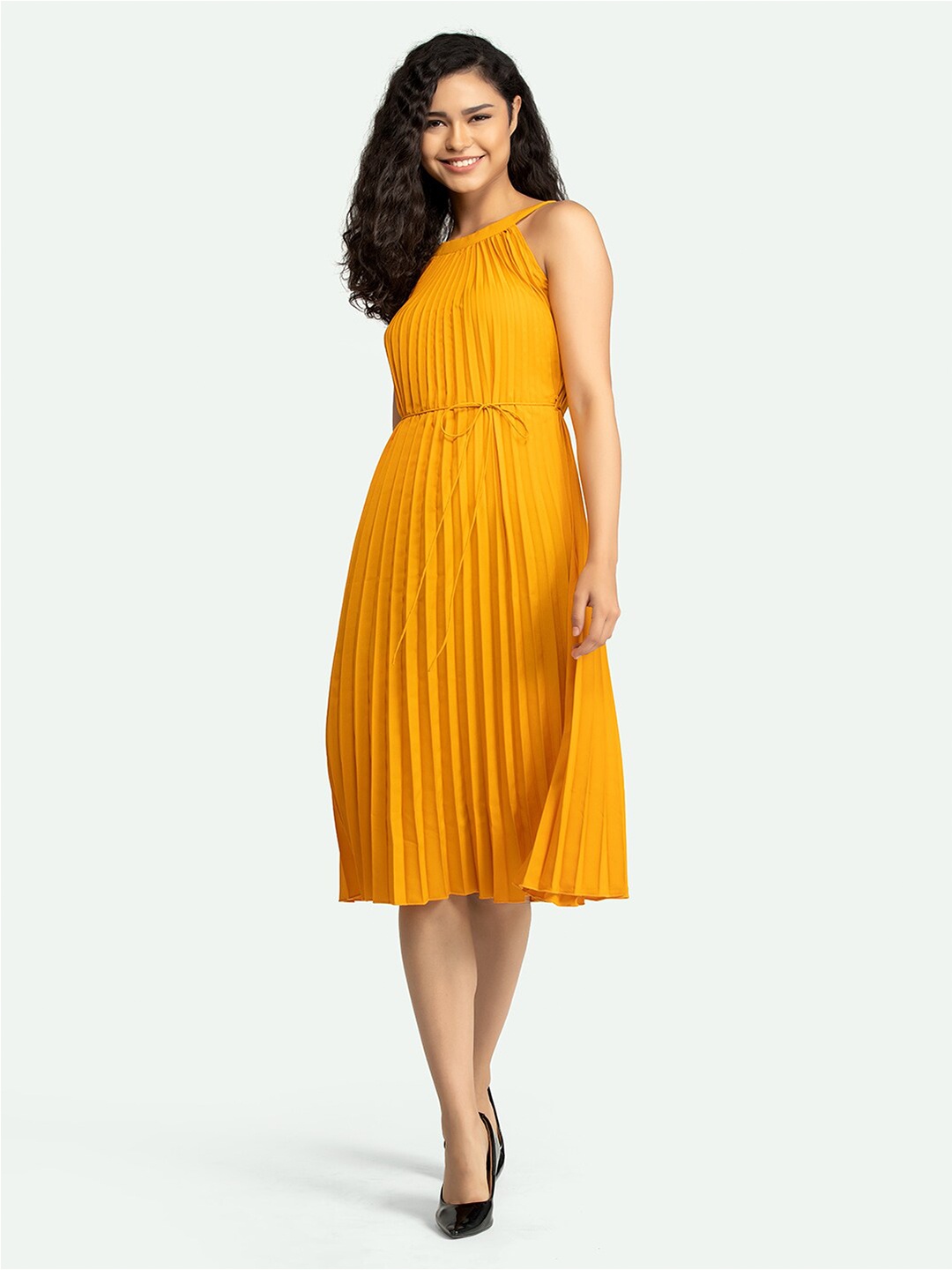 

AASK Mustard Yellow Pleated Crepe Dress