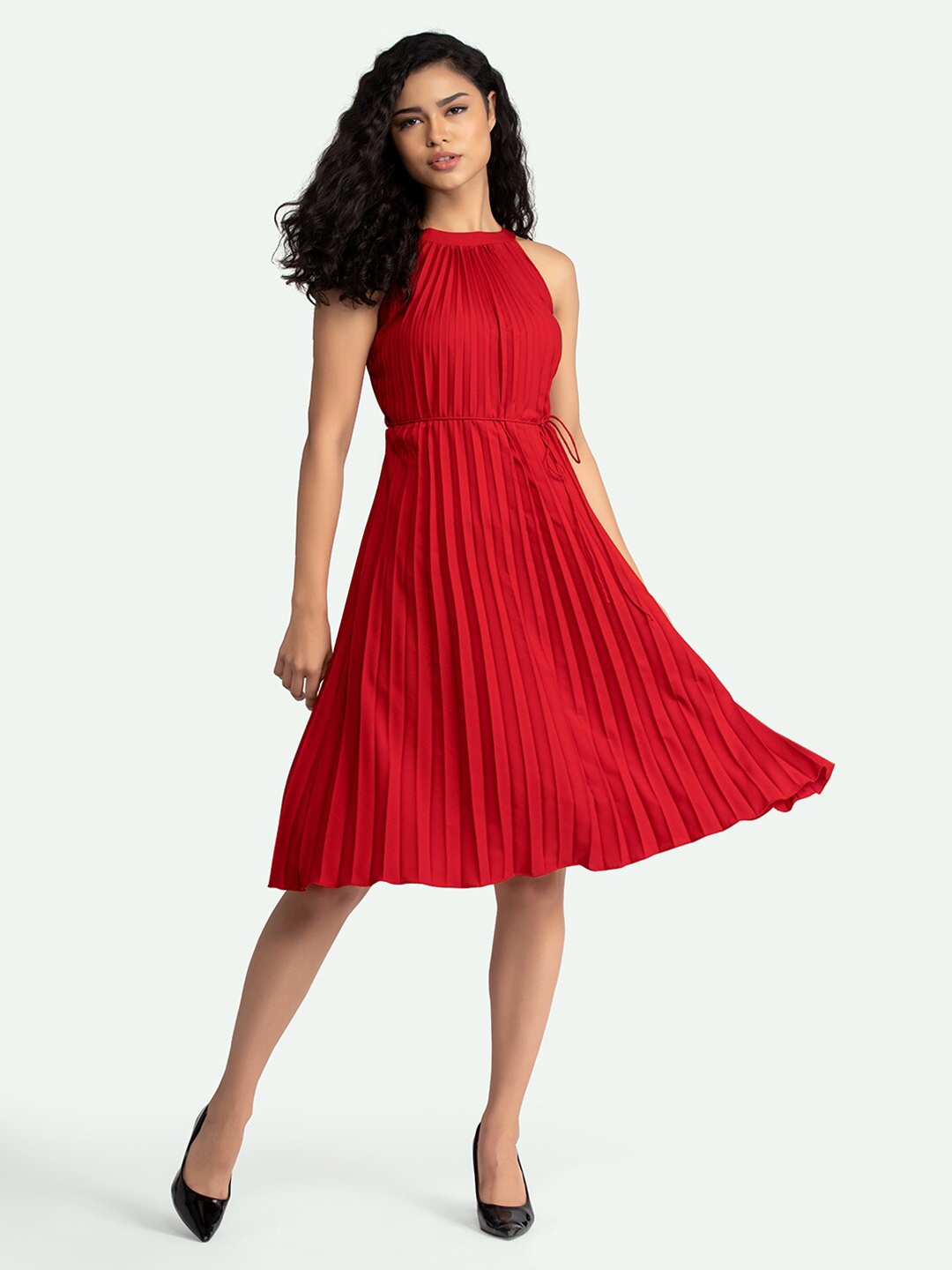 

AASK Red Pleated Halter Neck Dress