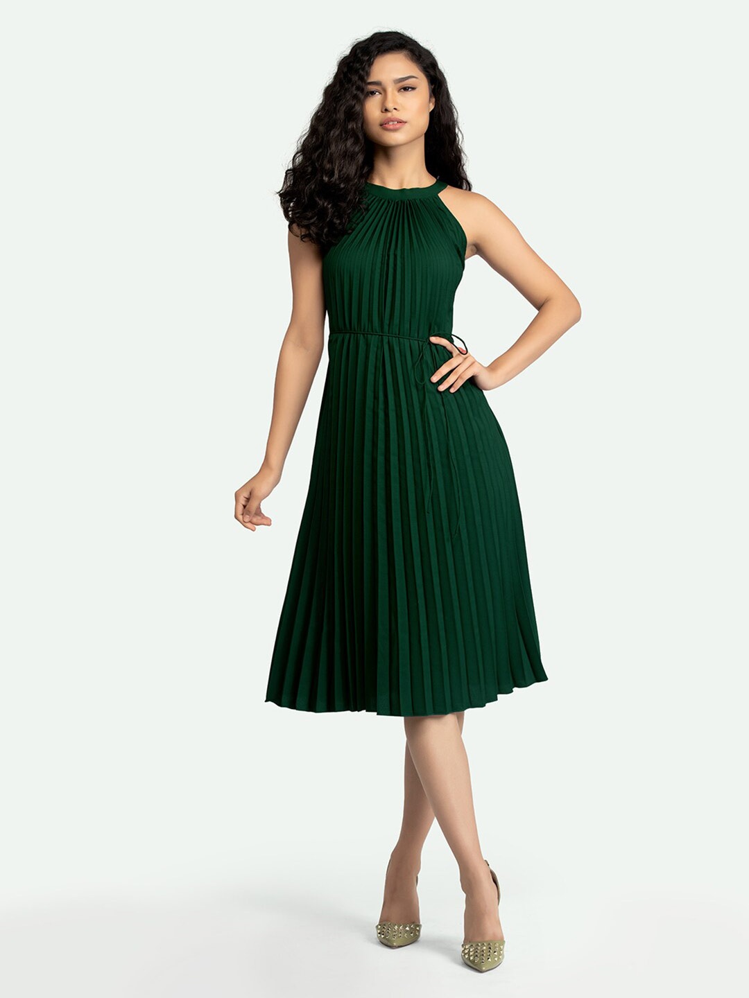 

AASK Green Striped Crepe Midi Dress