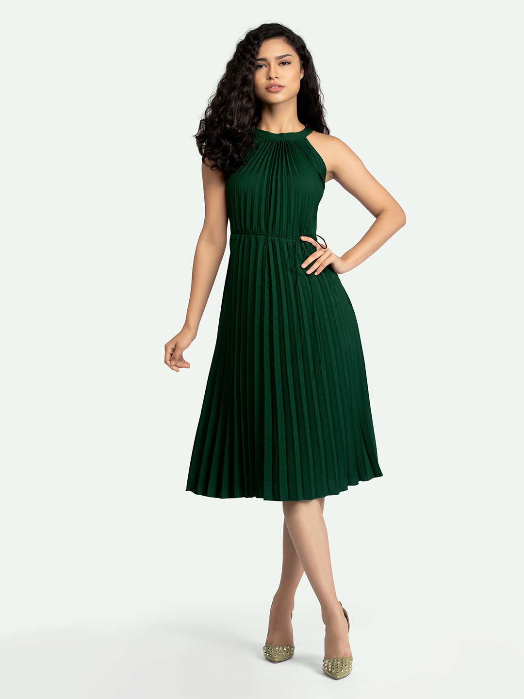 

AASK Women Green Self Design A-Line Crepe Dress