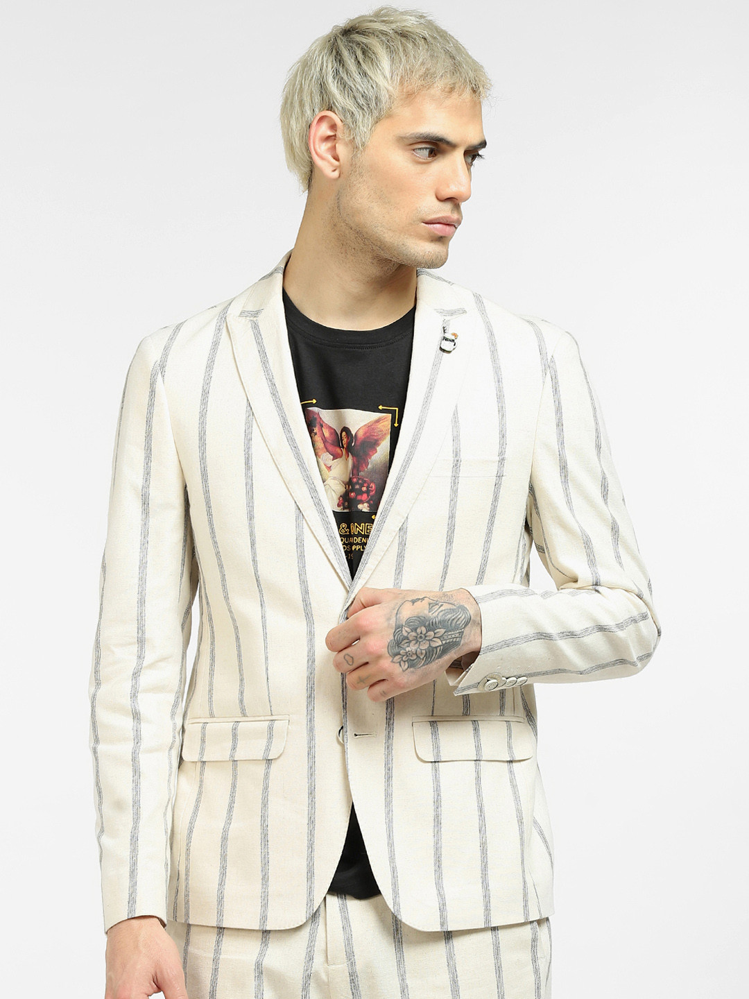 

Jack & Jones Men Off White & Grey Striped Single-Breasted Casual Blazers