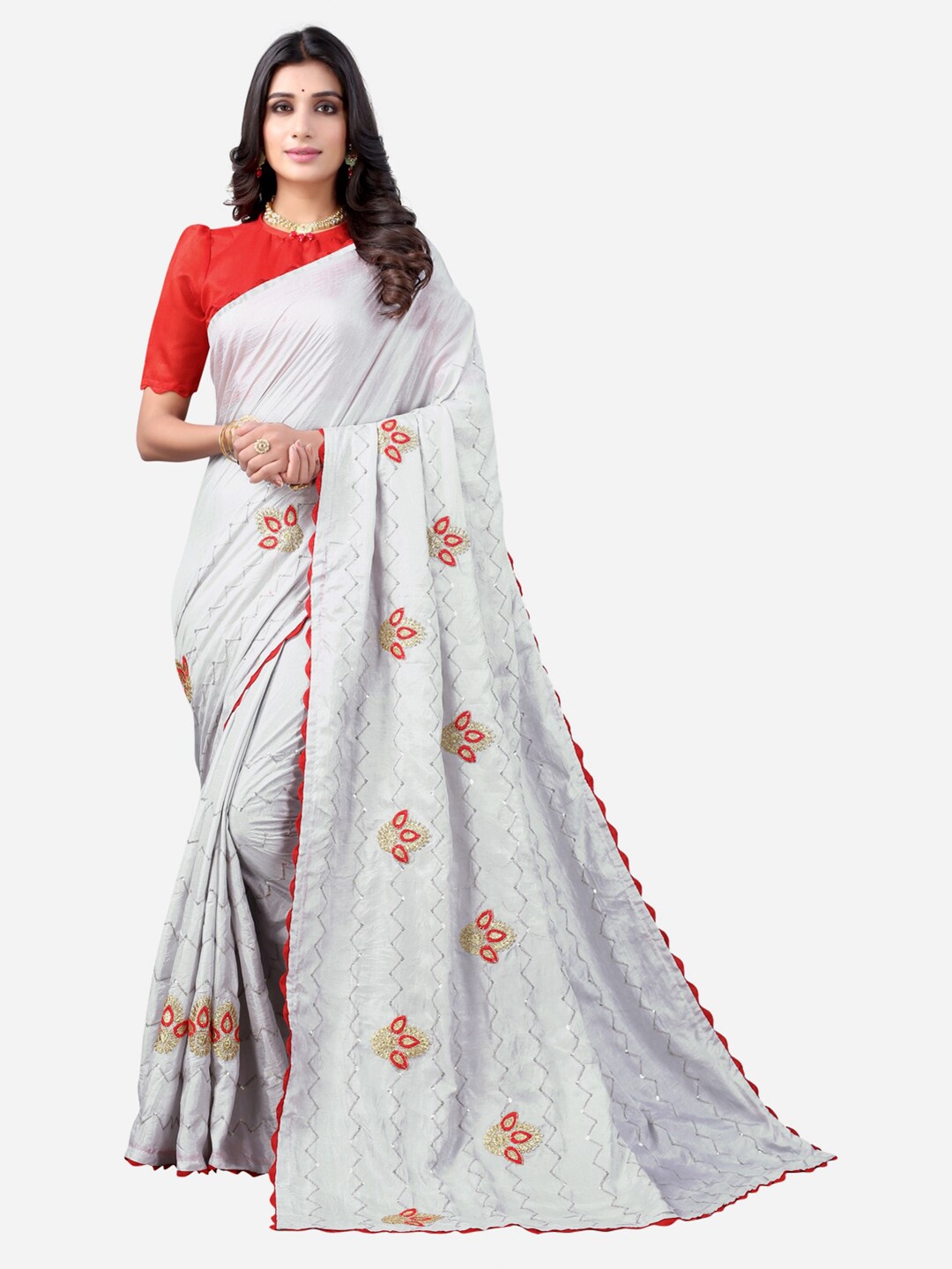 

SIRIL Grey & Red Embellished Embroidered Saree