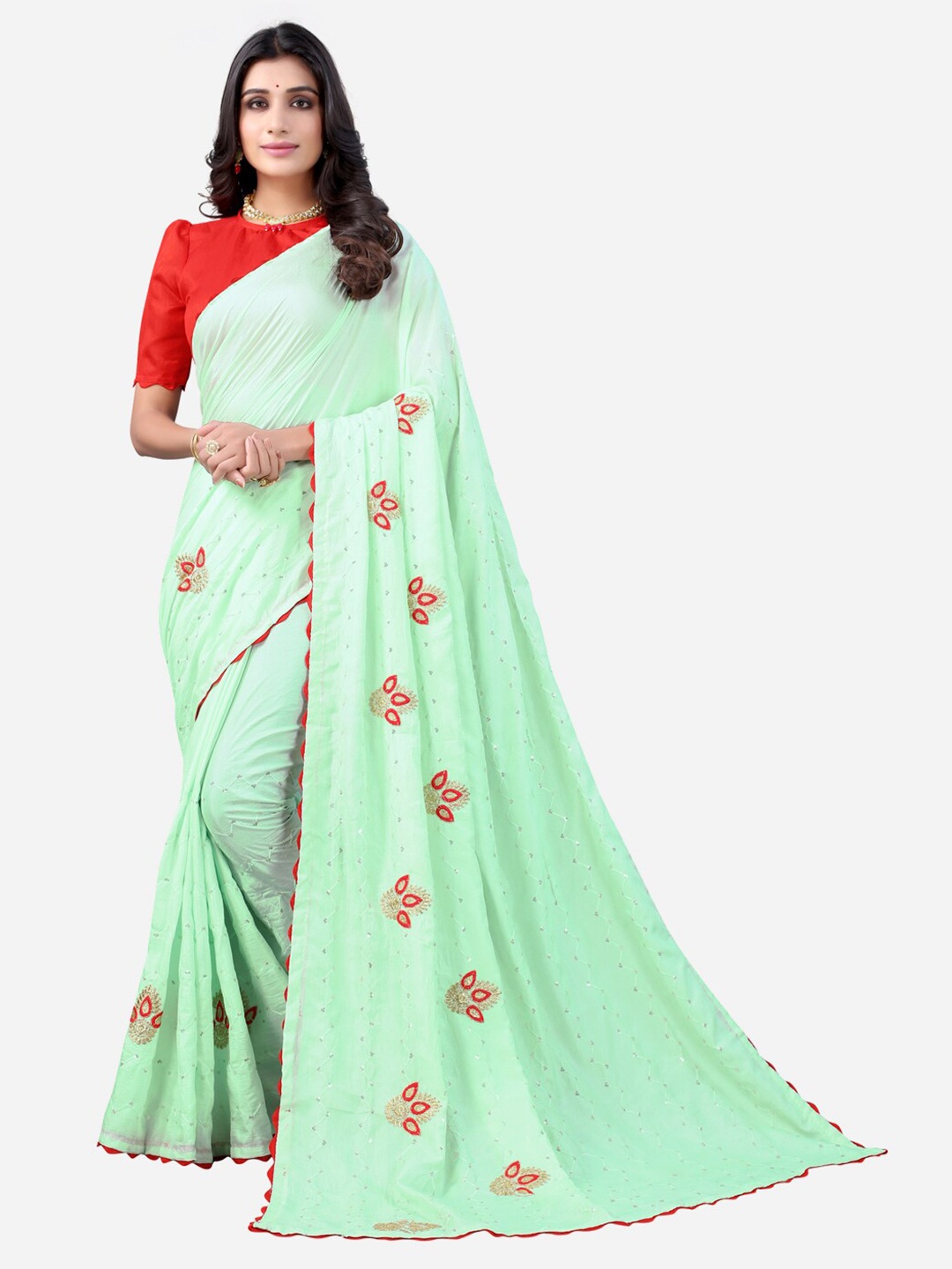 

SIRIL Green & Red Embellished Poly Silk Zardozi Saree