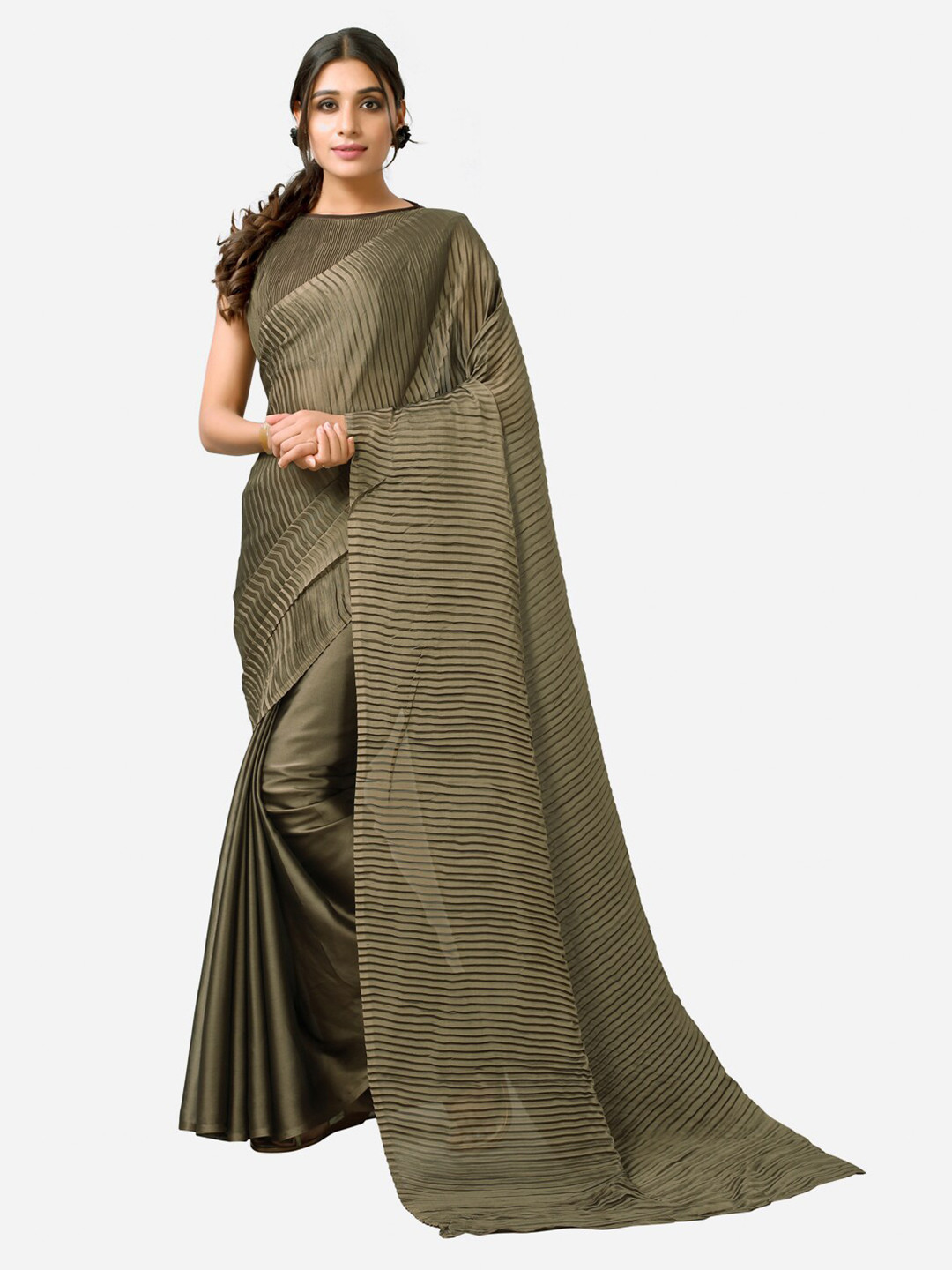 

SIRIL Women Olive Green Striped Poly Georgette Saree