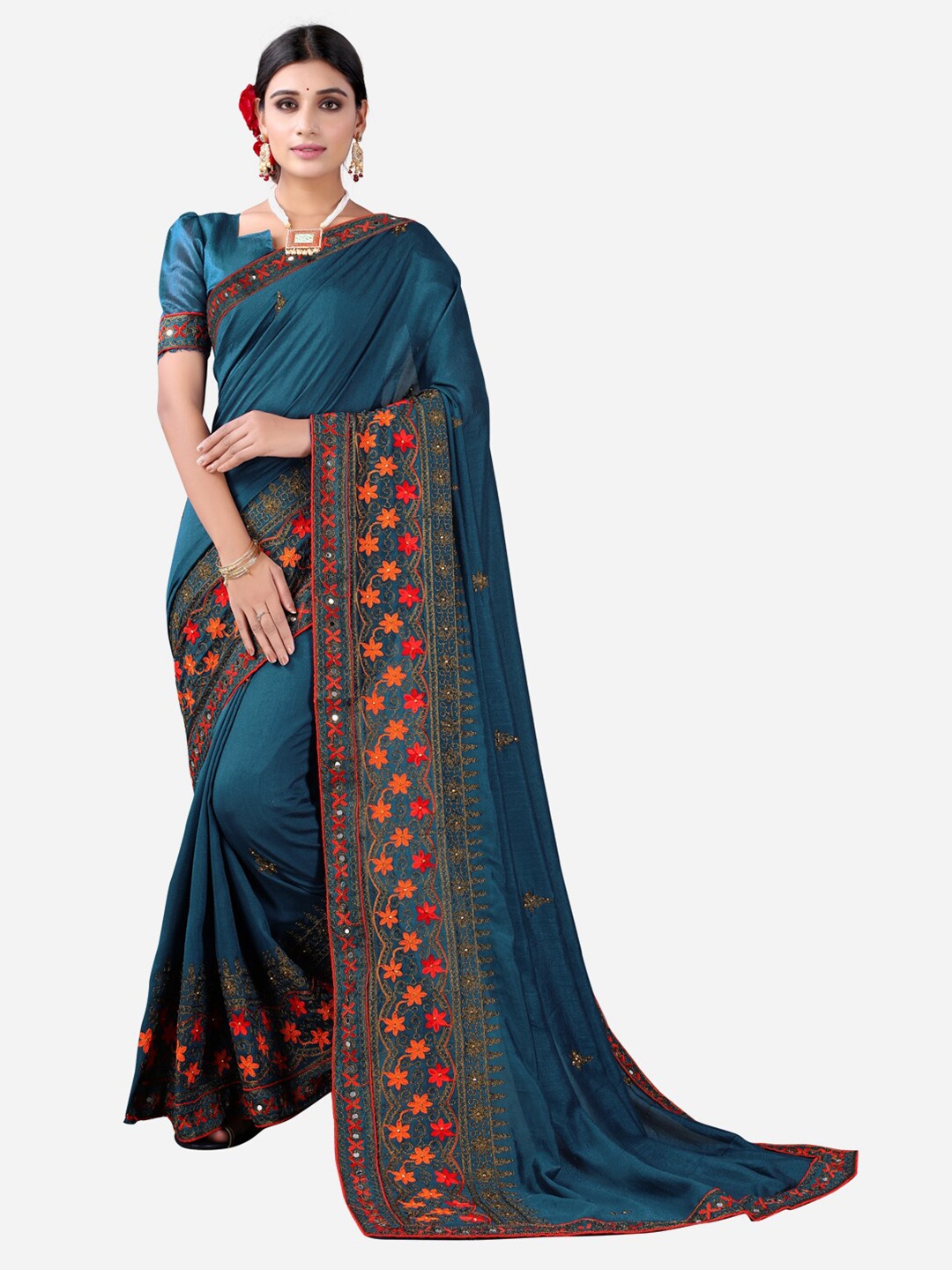 

SIRIL Teal & Red Floral Embroidered Poly Silk Saree