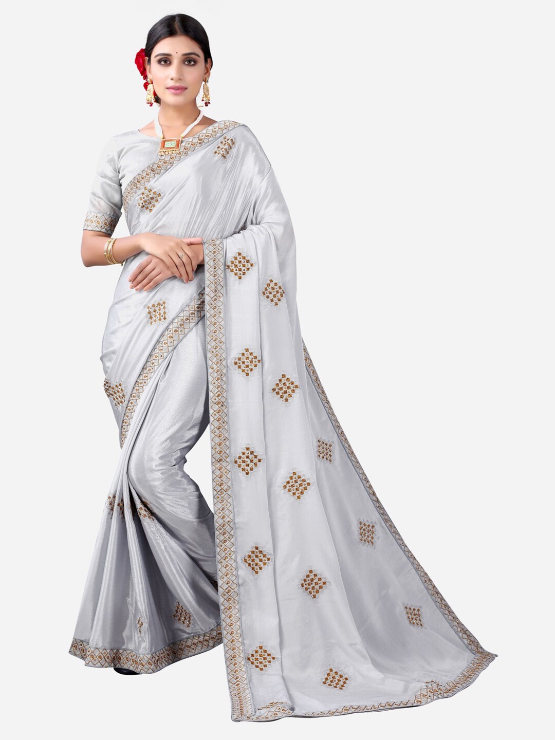 

SIRIL Grey & Gold-Toned Embellished Saree