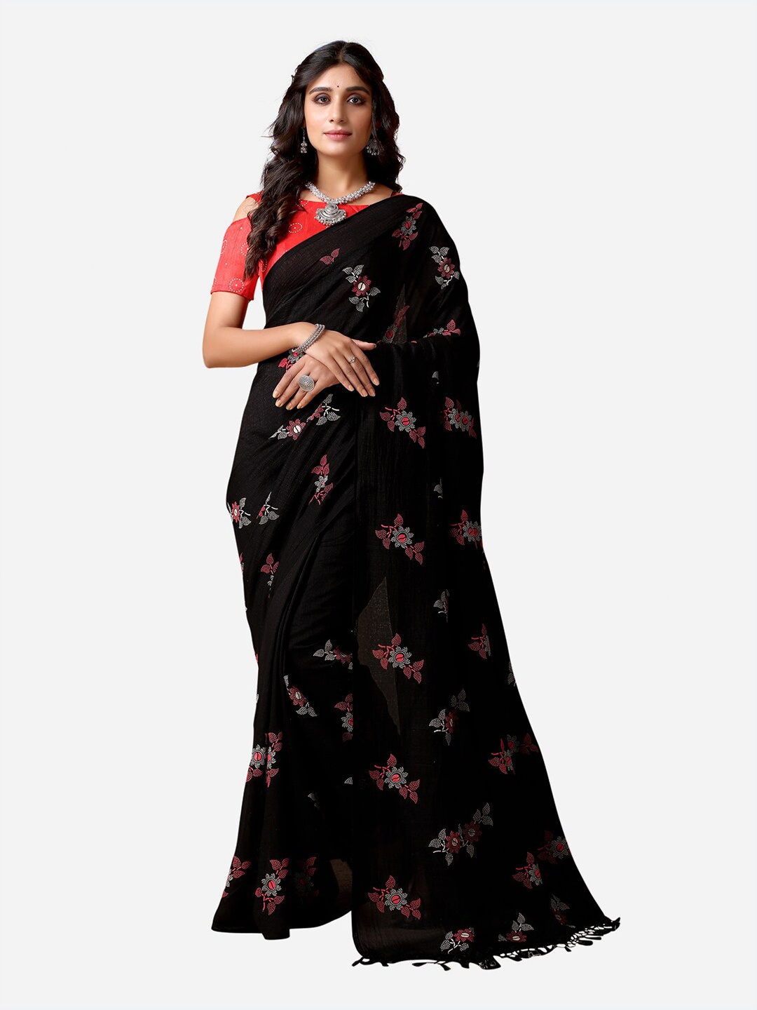

SIRIL Black & Pink Printed Poly Silk Saree