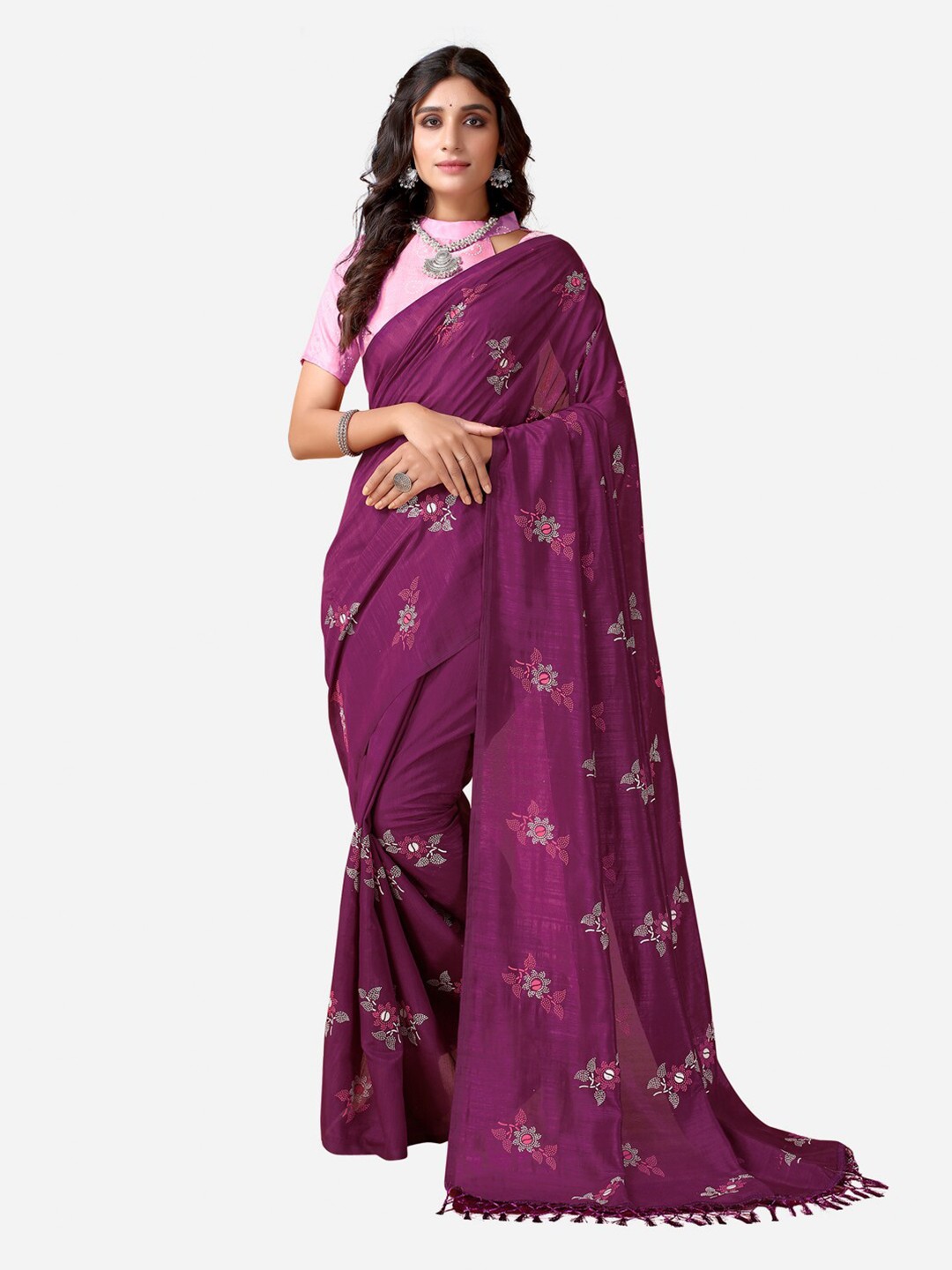 

SIRIL Purple & White Floral Poly Silk Saree