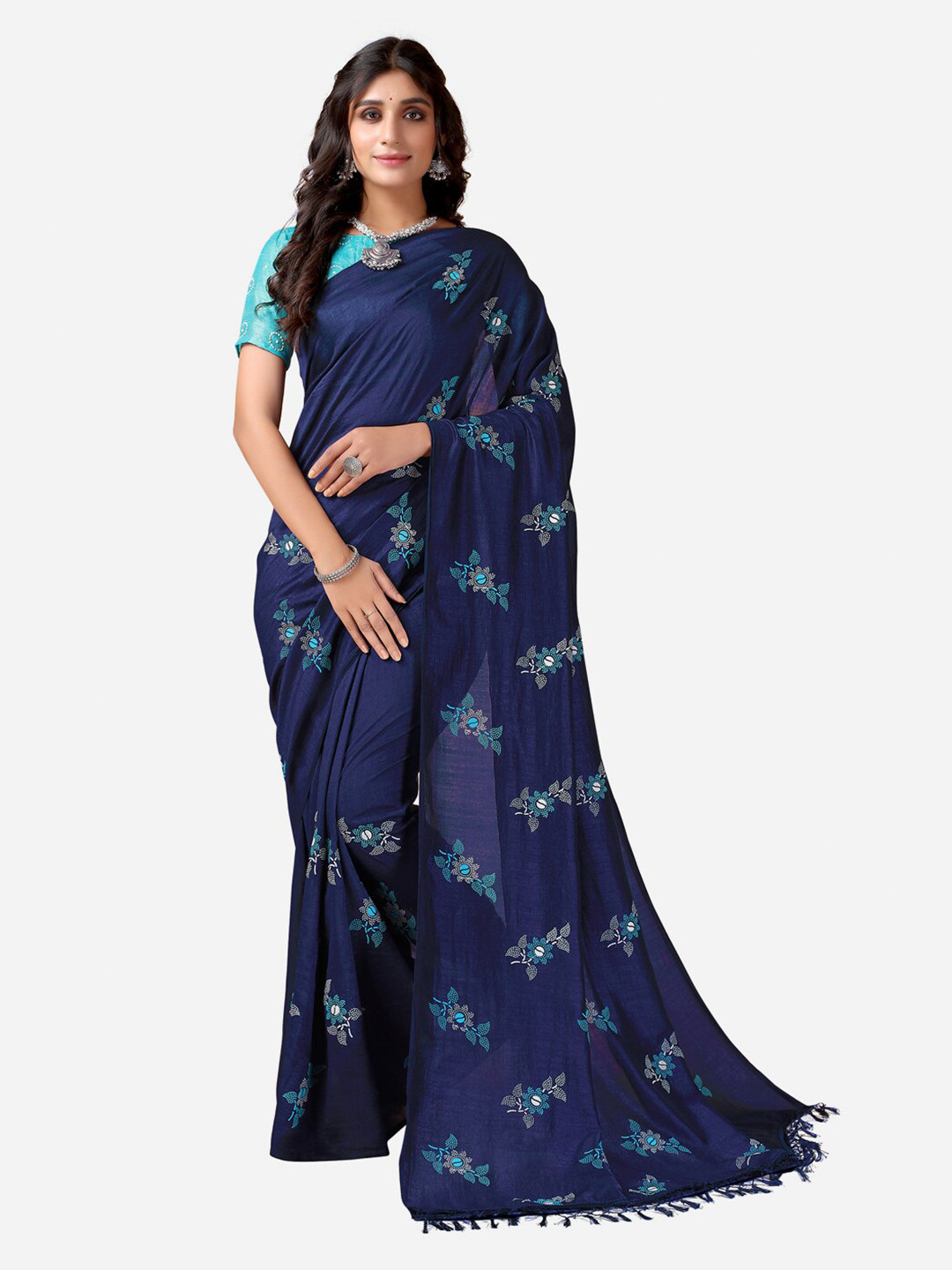 

SIRIL Navy Blue & Grey Floral Poly Silk Saree