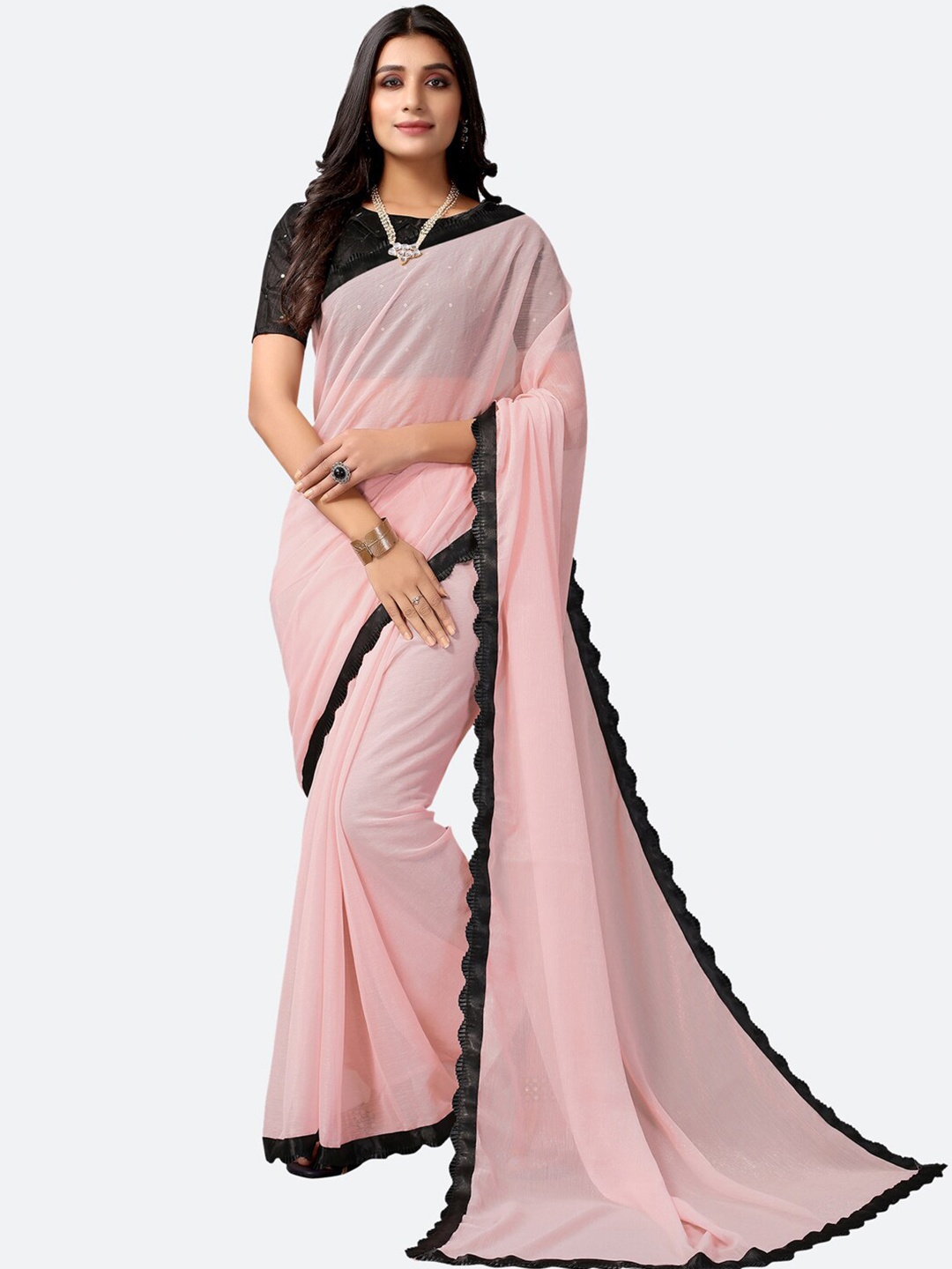 

SIRIL Pink & Black Solid Poly Chiffon Saree