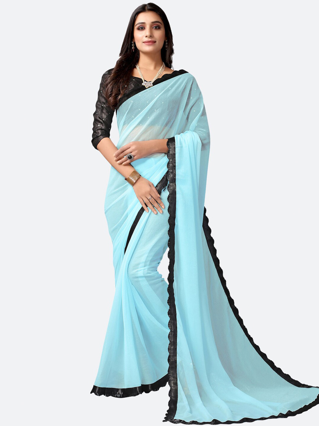 

SIRIL Blue & Black Solid Saree