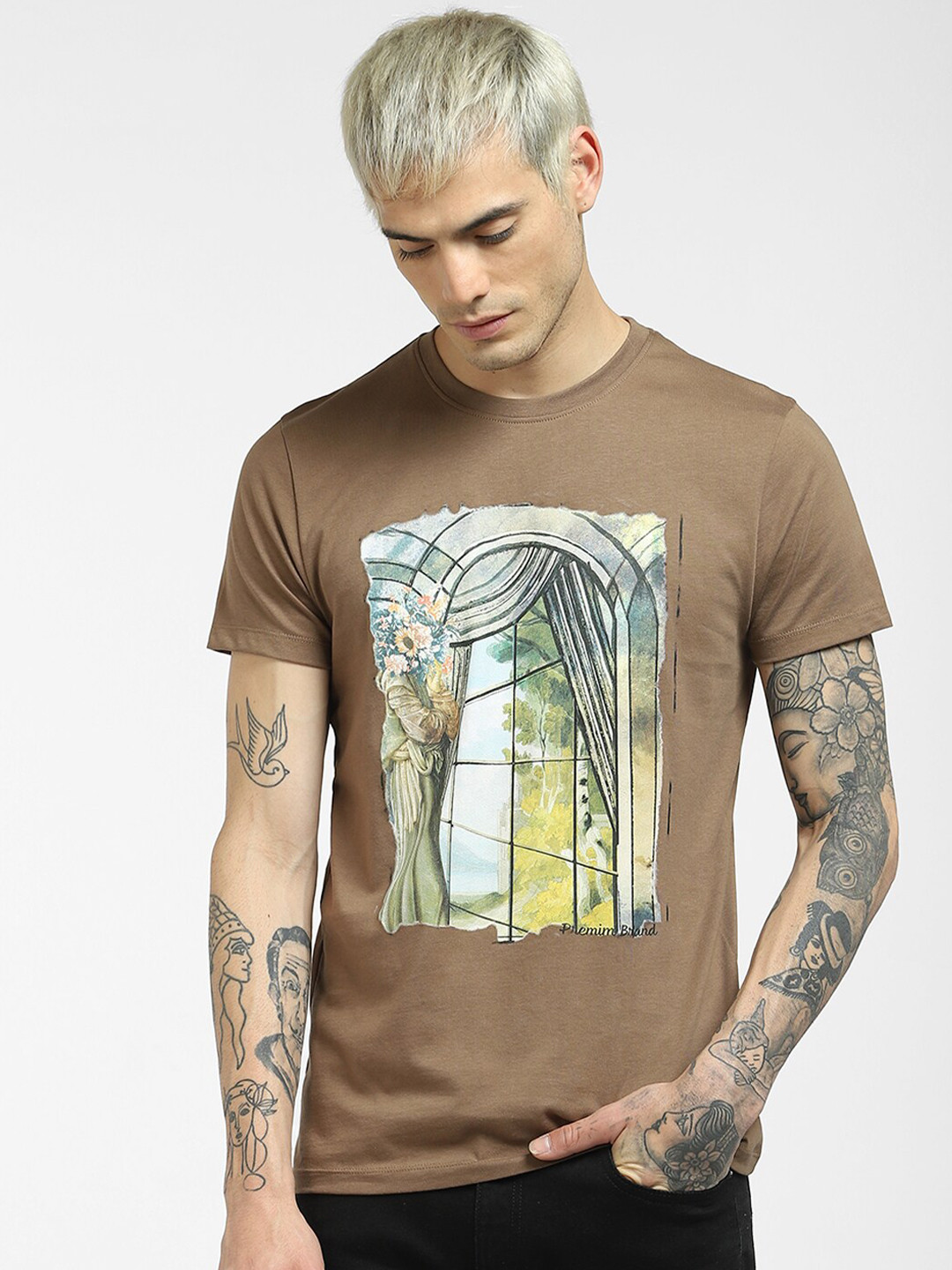 

Jack & Jones Men Brown Printed Cotton T-shirt