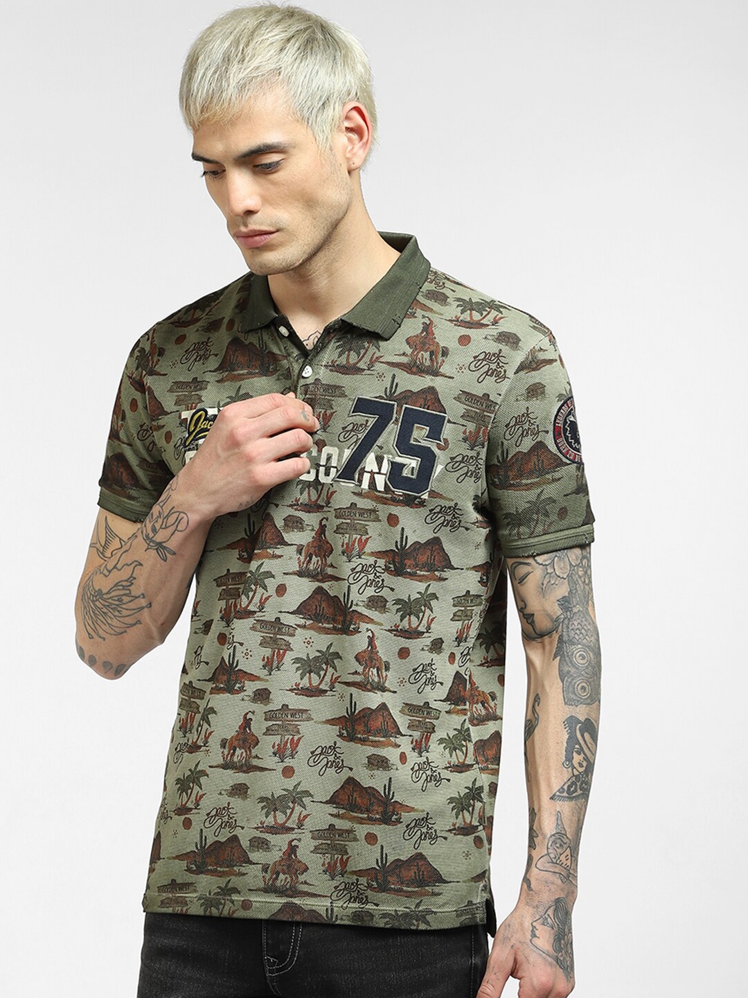 

Jack & Jones Men Olive Green & Brown Printed Polo Collar Applique Cotton T-shirt