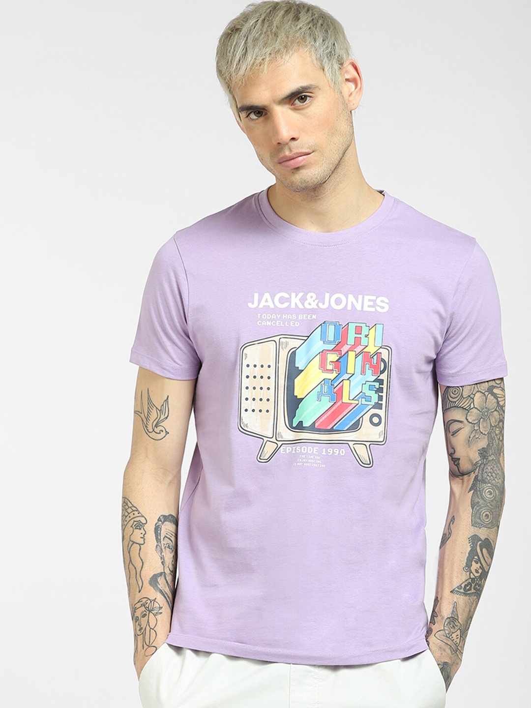 

Jack & Jones Men Lavender & Blue Brand Logo Printed Cotton T-shirt