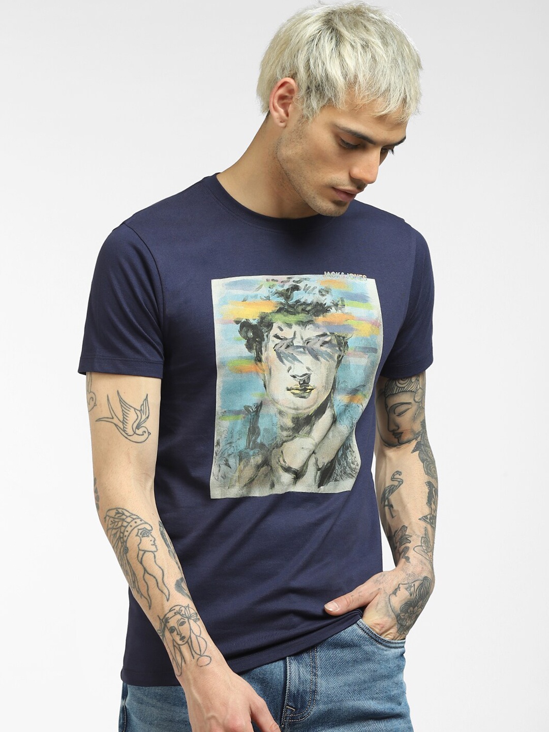 

Jack & Jones Men Navy Blue & Sea Green Printed T-shirt