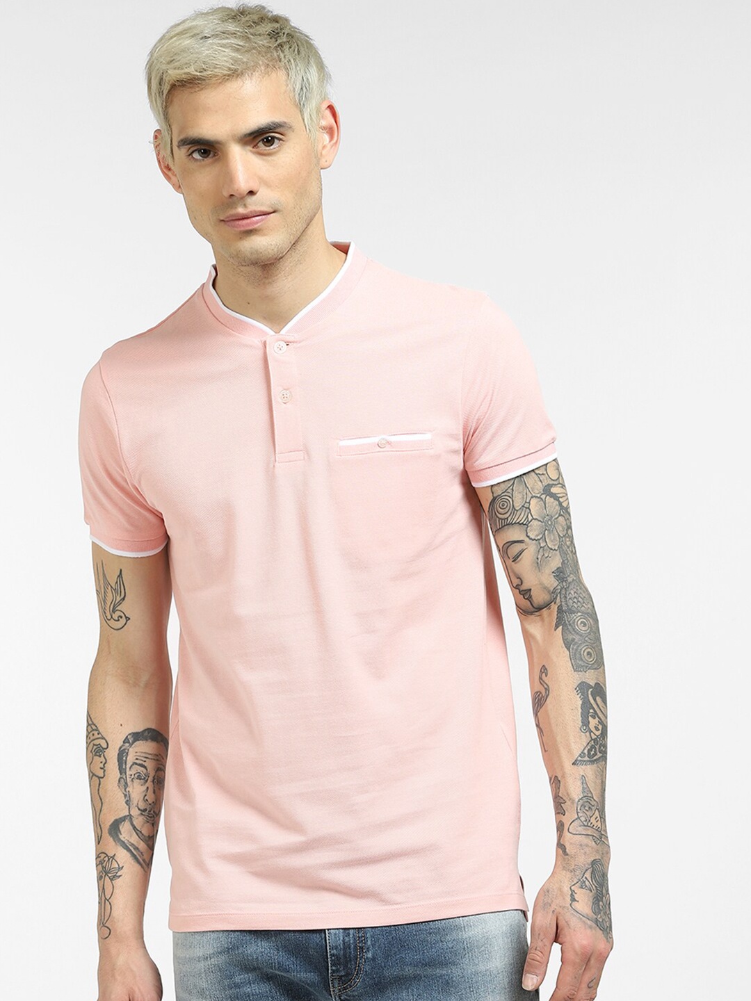 

Jack & Jones Men Pink Henley Neck Cotton T-shirt