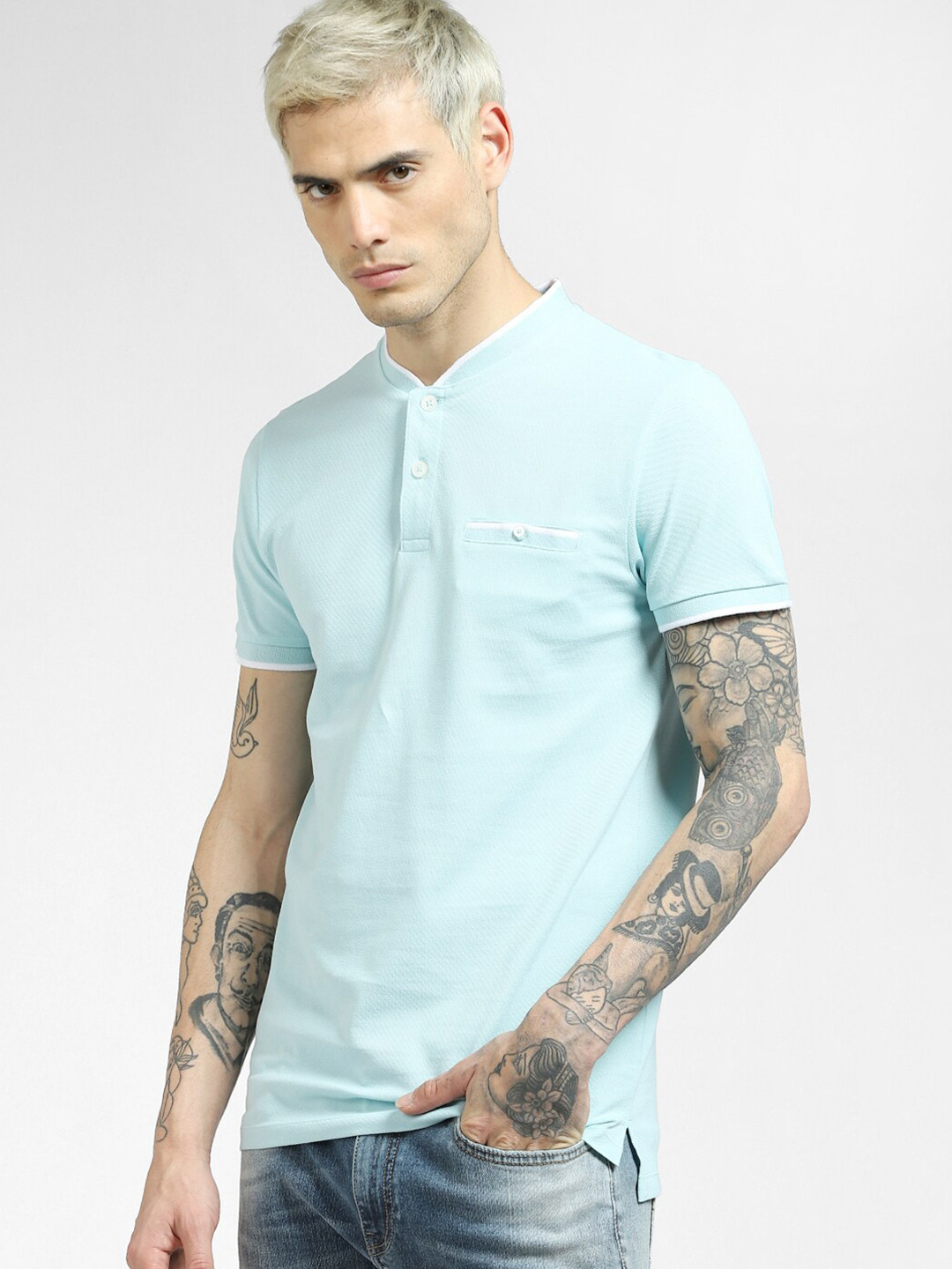 

Jack & Jones Men Turquoise Blue Cotton T-shirt