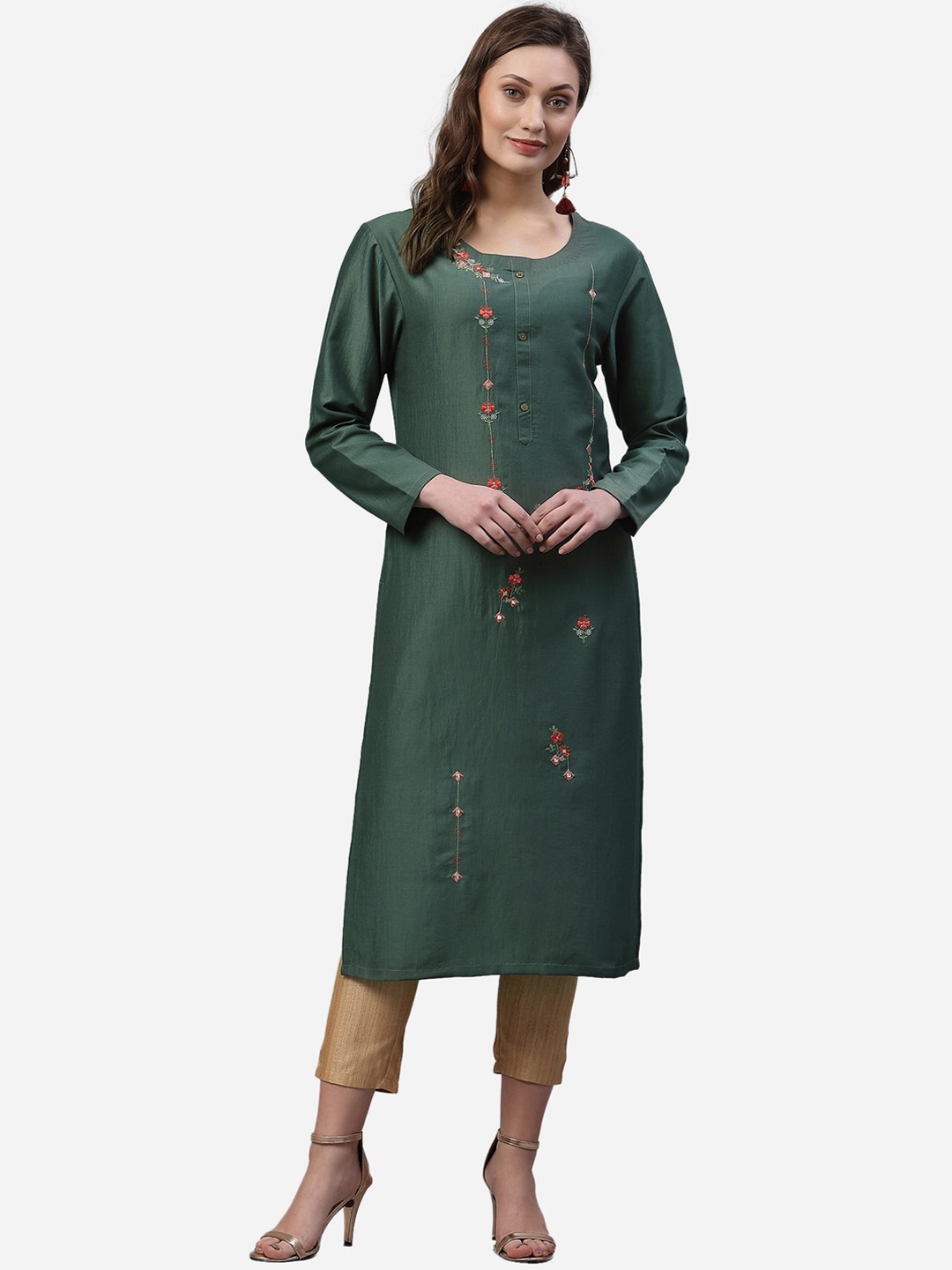 

KALINI Women Teal Embroidered Flared Sleeves Thread Work Kurta