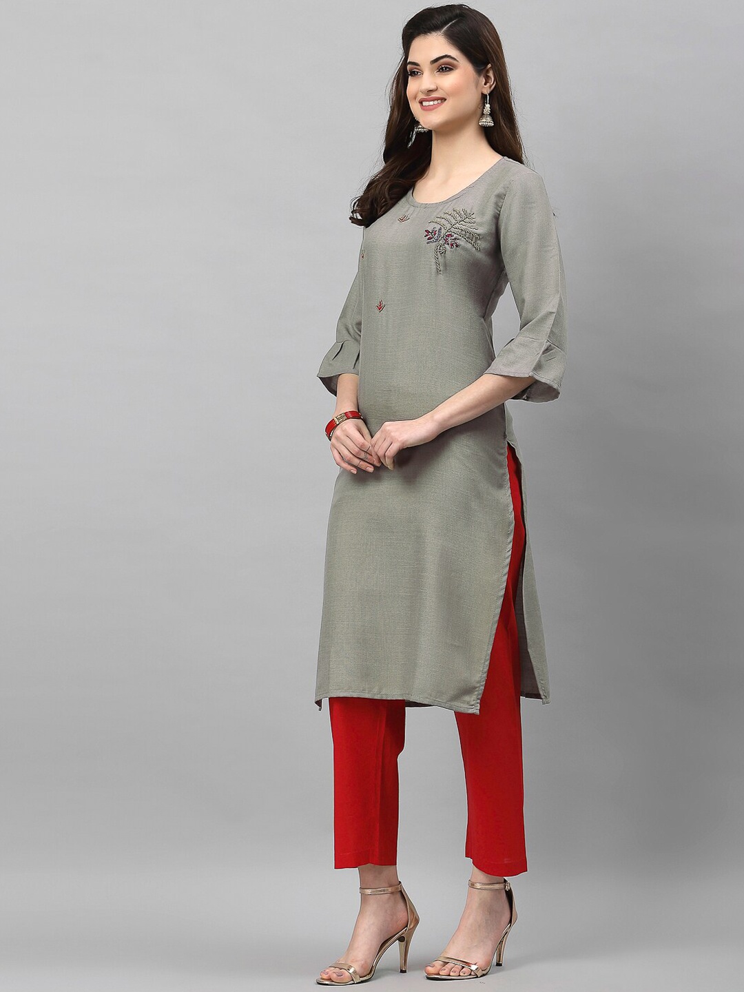 

KALINI Women Grey Floral Embellished Bell Sleeves Thread Work Kurta