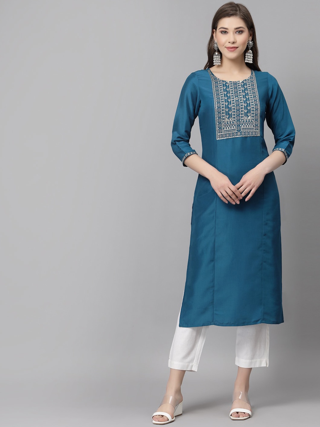 

KALINI Women Teal Geometric Embroidered Thread Work Kurta