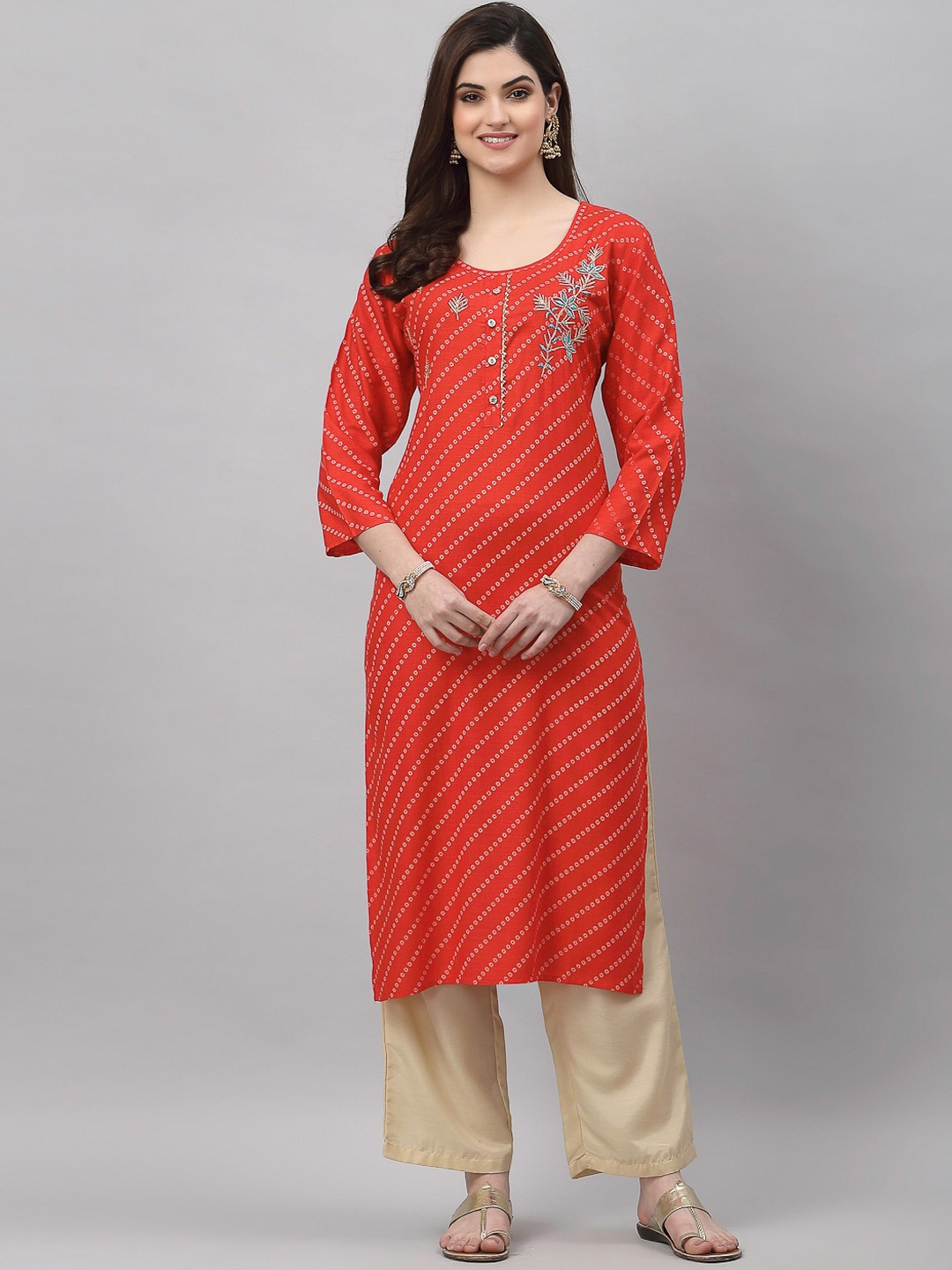 

KALINI Women Red Striped Thread Work Kurta