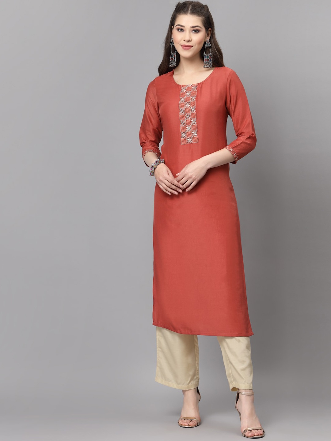 

KALINI Women Rust Yoke Design Thread Work Kurta