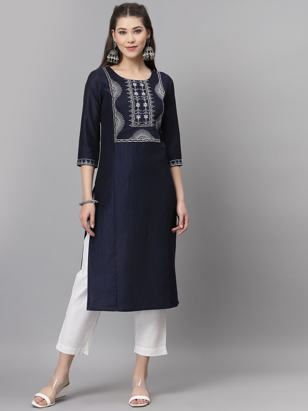 

KALINI Women Navy Blue Yoke Design Kurta