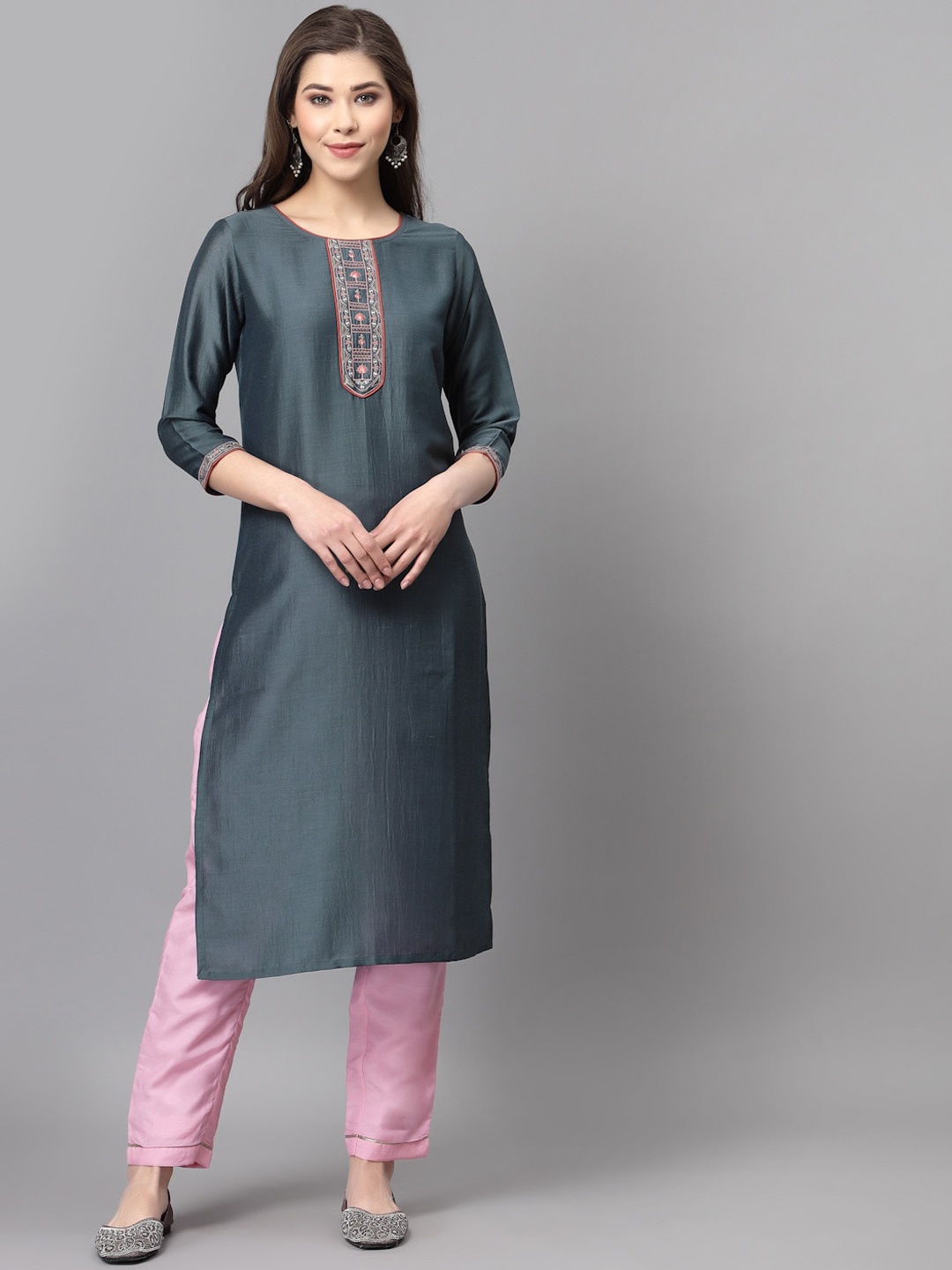 

KALINI Women Charcoal Floral Embroidered Kurta