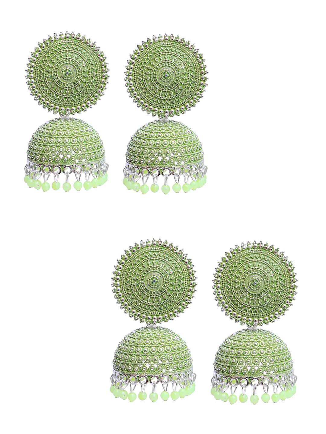 

Vembley Pack of 2 Silver-Toned & Sea Green Dome Shaped Jhumkas Earrings