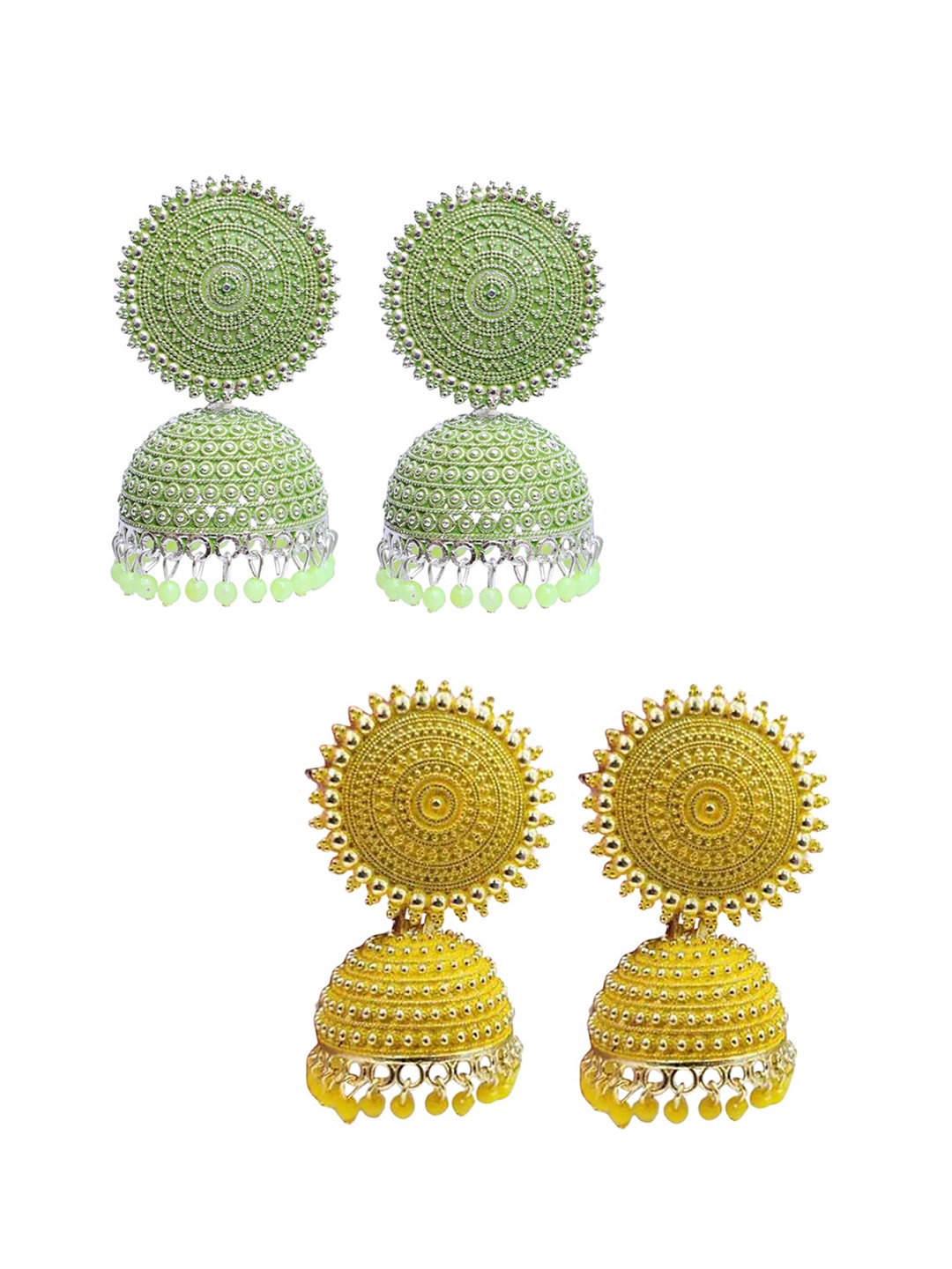 

Vembley Set of 2 Gold-Plated Yellow & Green Pearls Beaded Jhumkas Earrings