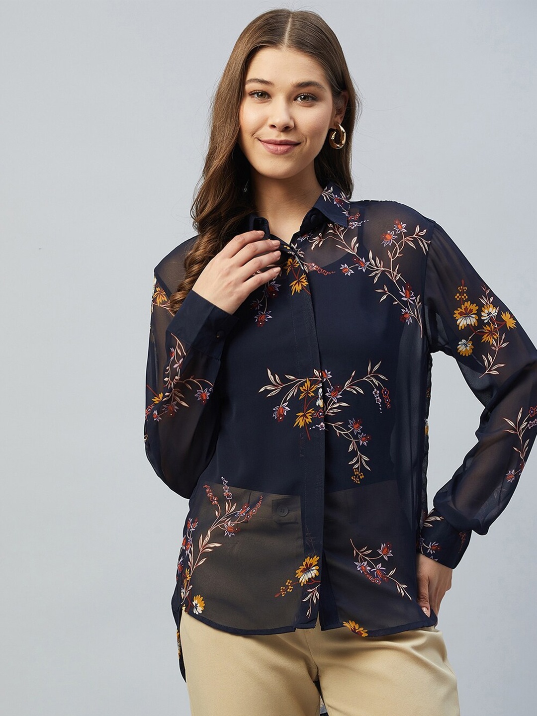 

DELAN Women Navy Blue Relaxed Slim Fit Floral Sheer Printed Casual Shirt