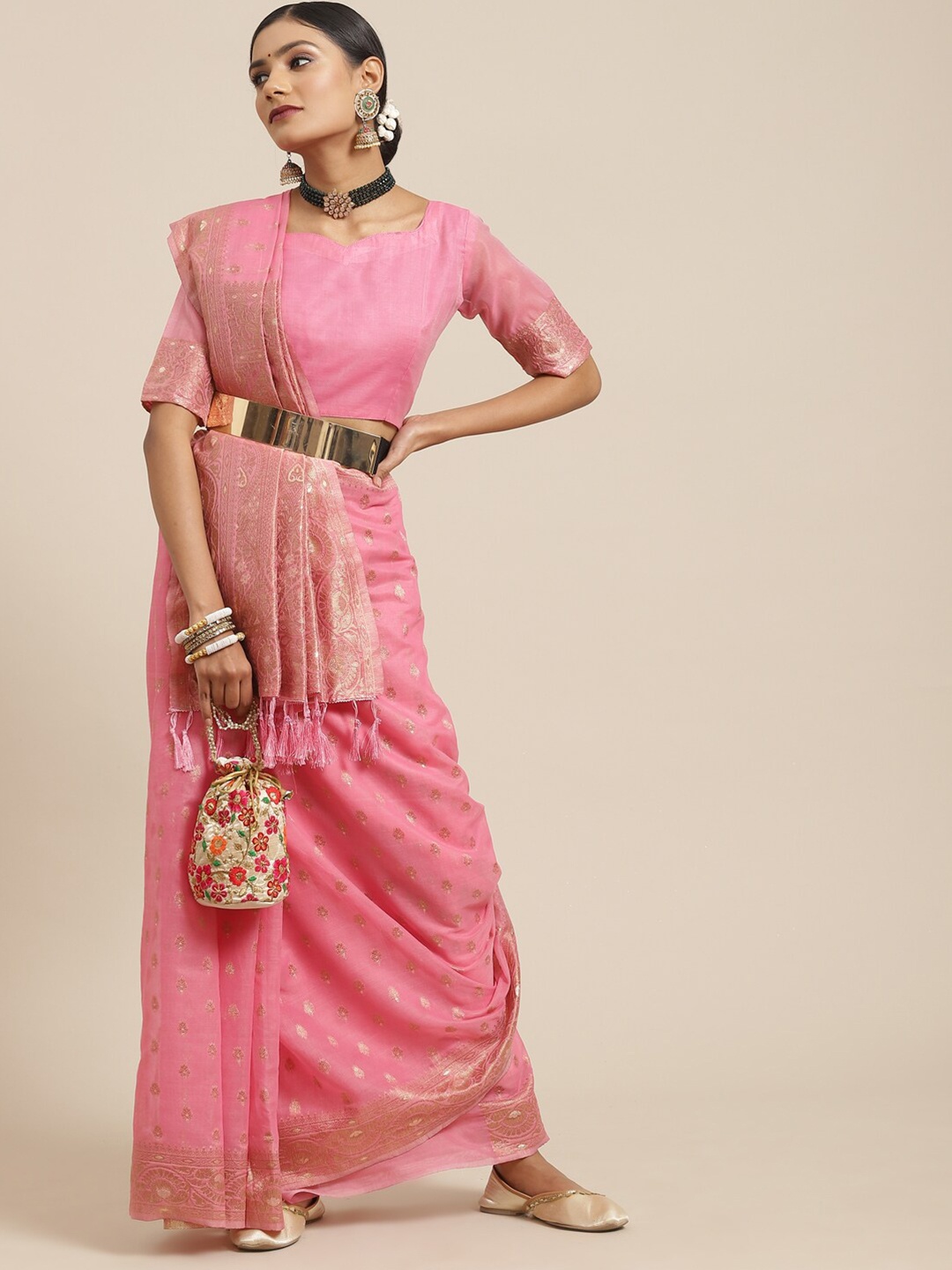 

KALINI Pink & Gold-Toned Floral Zari Silk Cotton Banarasi Saree