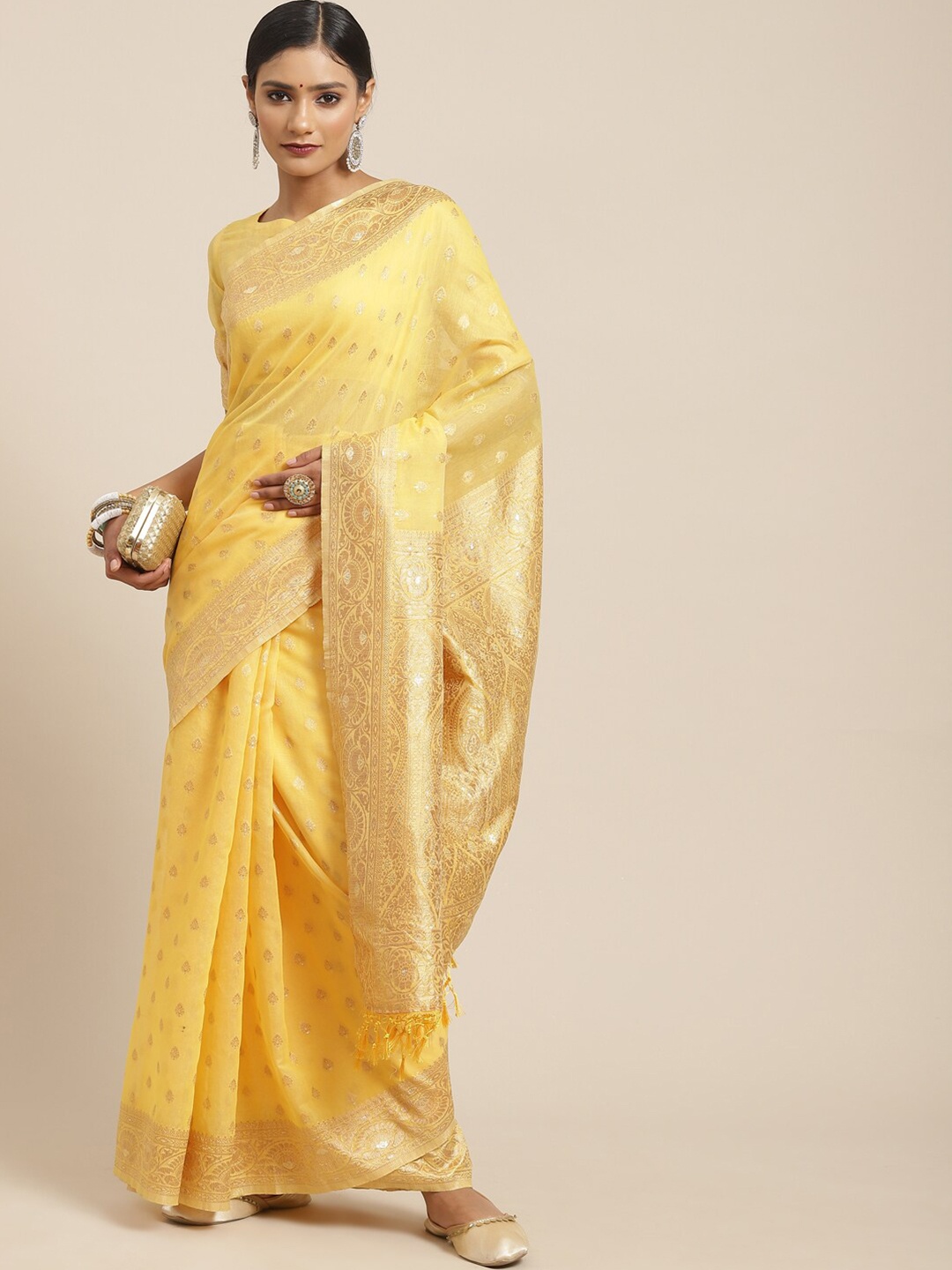 

KALINI Yellow & Gold-Toned Floral Zari Silk Cotton Banarasi Saree