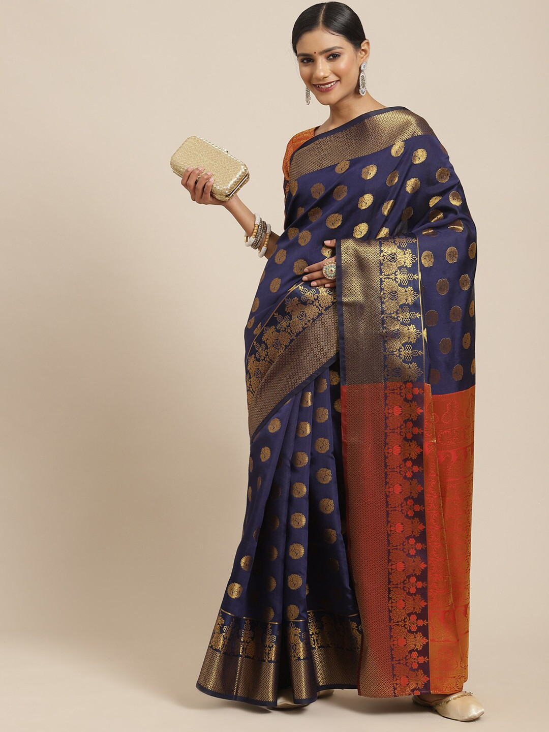 

KALINI Navy Blue & Brown Ethnic Motifs Woven Design Kanjeevaram Saree