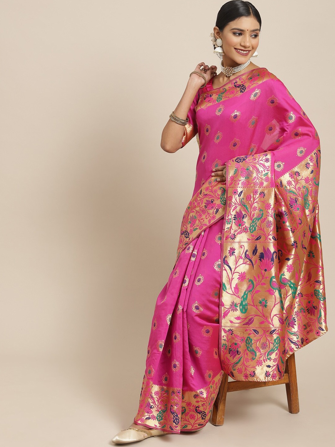 

KALINI Pink & Gold-Toned Woven Design Silk Blend Saree