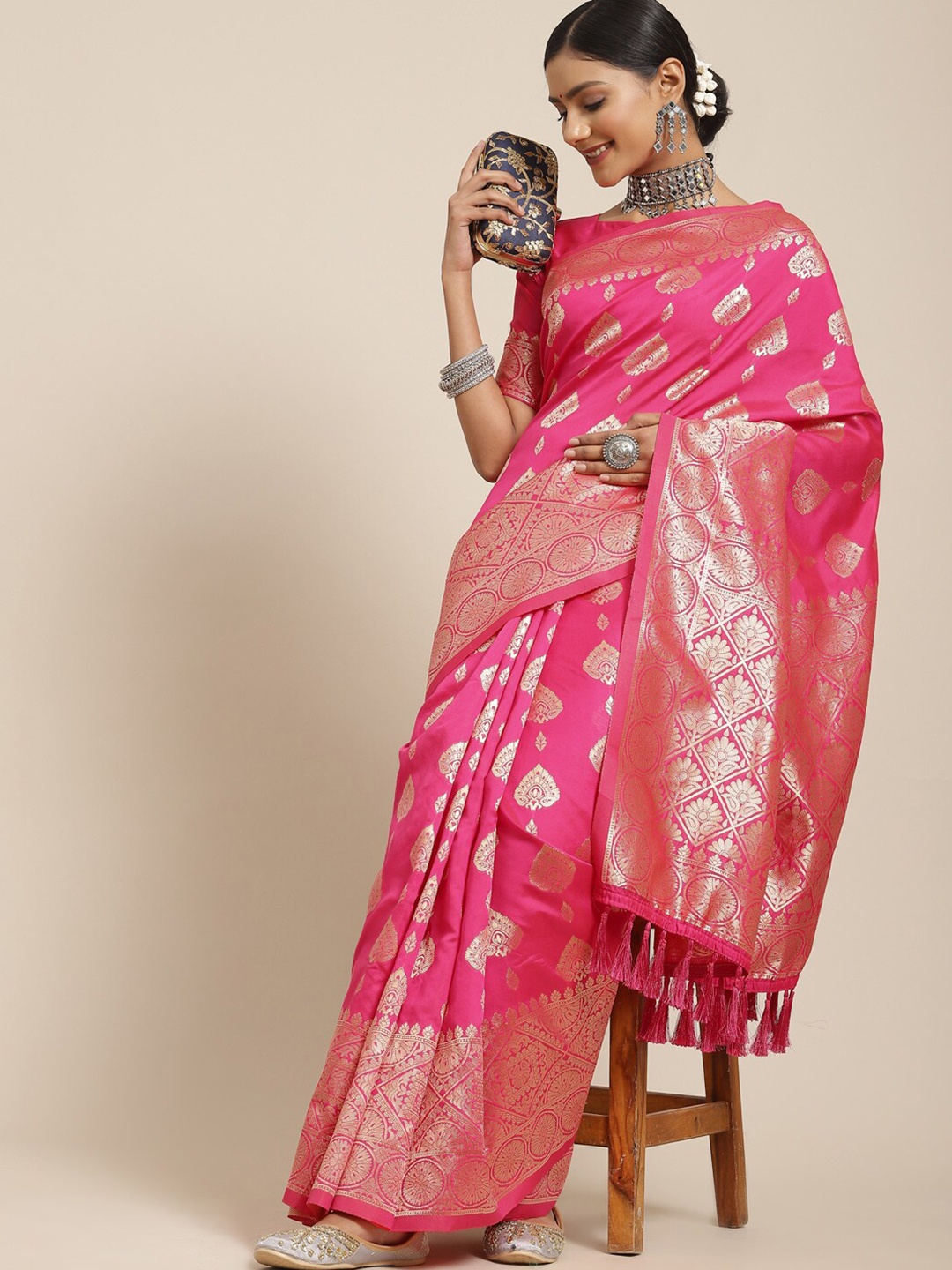 

KALINI Pink & Gold-Toned Ethnic Motifs Silk Blend Banarasi Saree