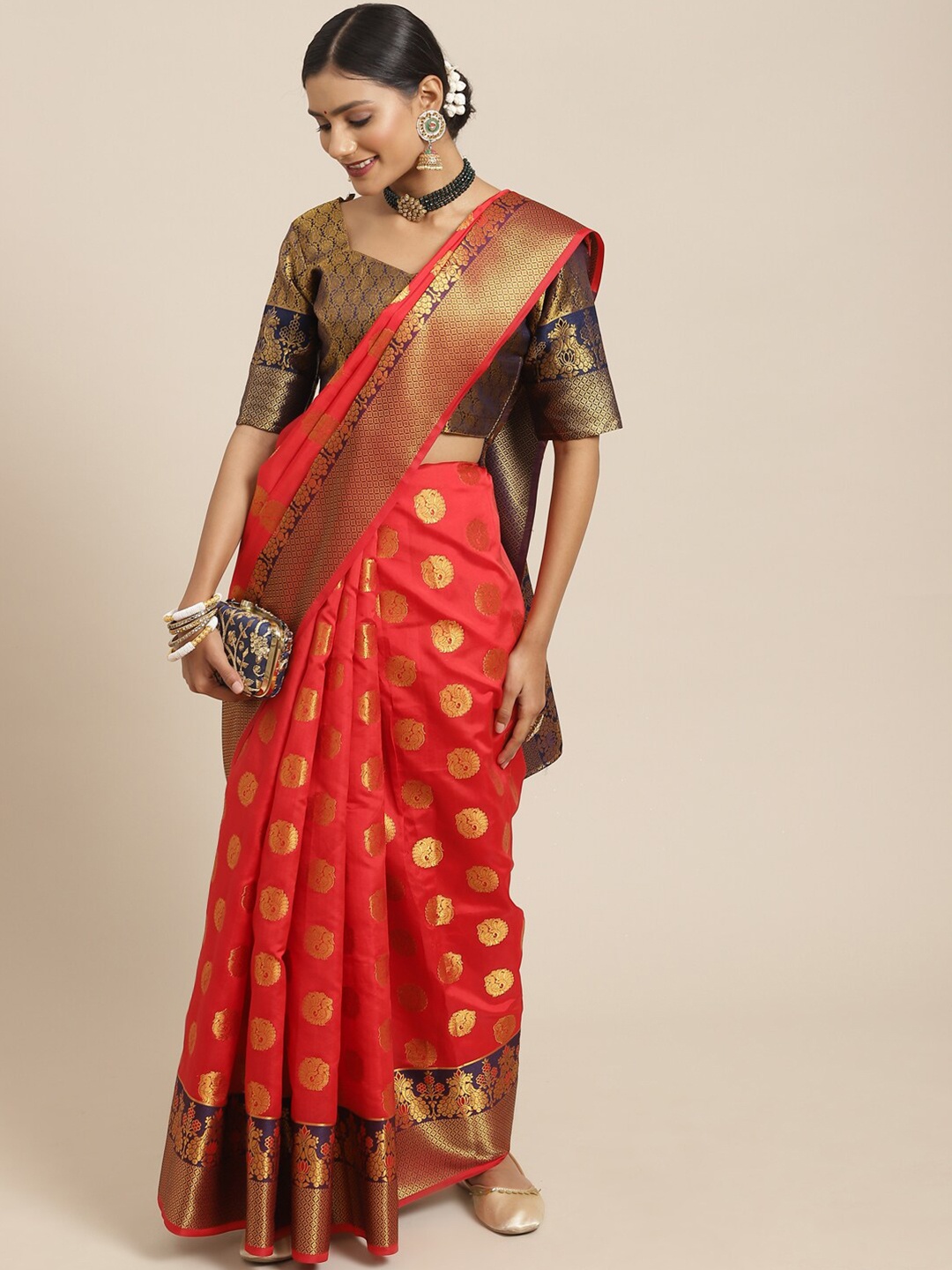 

KALINI Red & Gold-Toned Woven Design Zari Silk Blend Saree