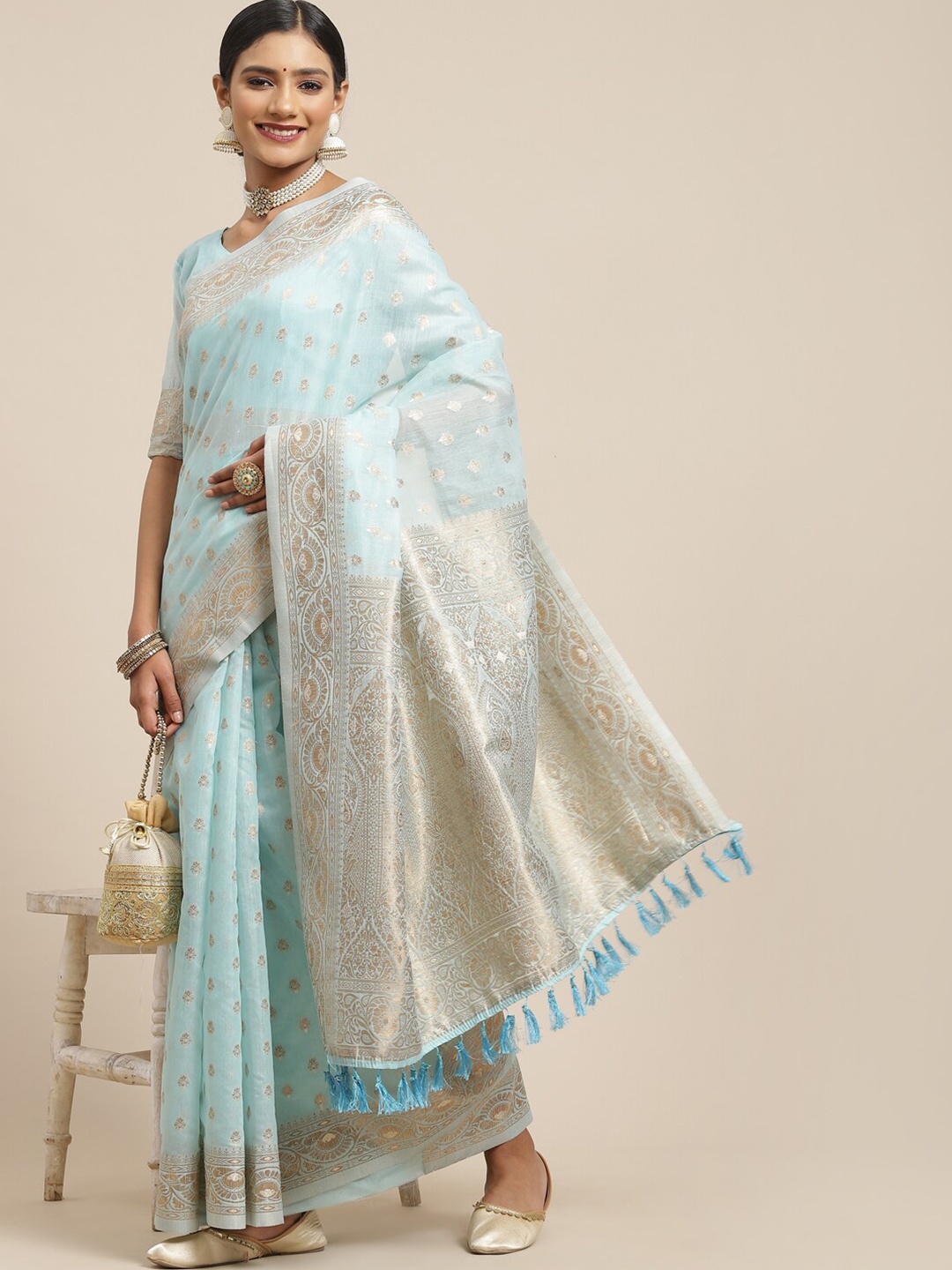 

KALINI Blue & Gold-Toned Ethnic Motifs Zari Silk Cotton Sambalpuri Saree
