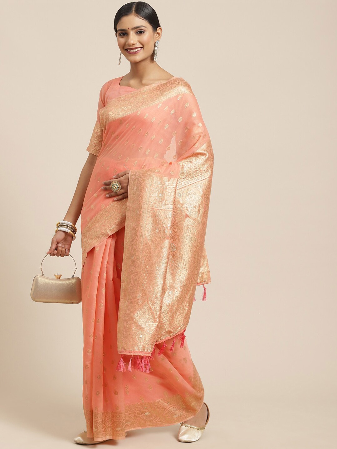 

KALINI Peach-Coloured & Gold-Toned Woven Design Zari Silk Cotton Banarasi Saree