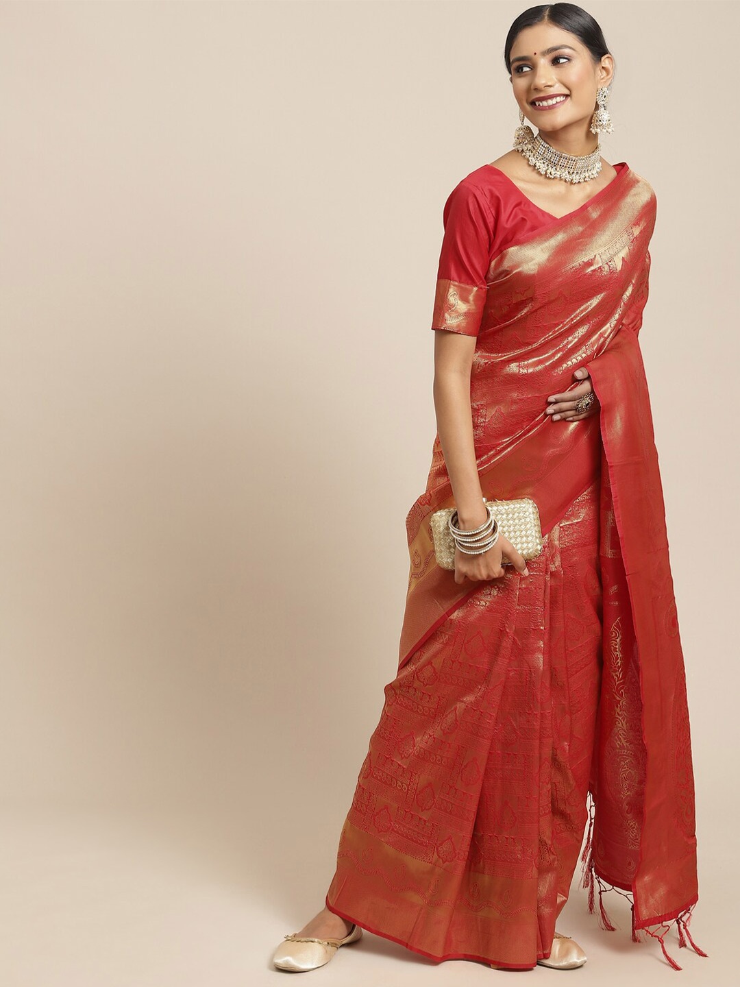 

KALINI Red & Gold-Toned Ethnic Motifs Zari Silk Blend Kanjeevaram Saree
