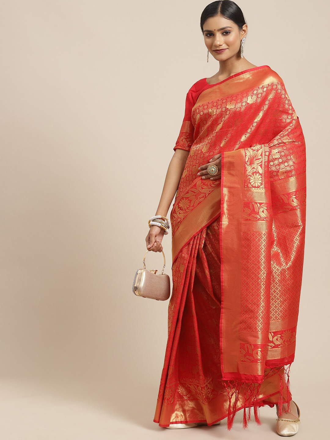 

KALINI Red & Gold-Toned Floral Zari Kanjeevaram Saree