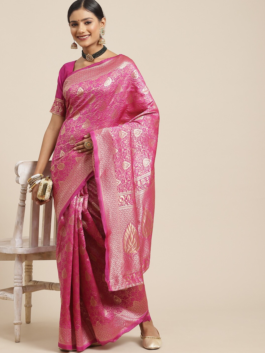 

KALINI Pink & Gold-Toned Ethnic Motifs Zari Banarasi Saree