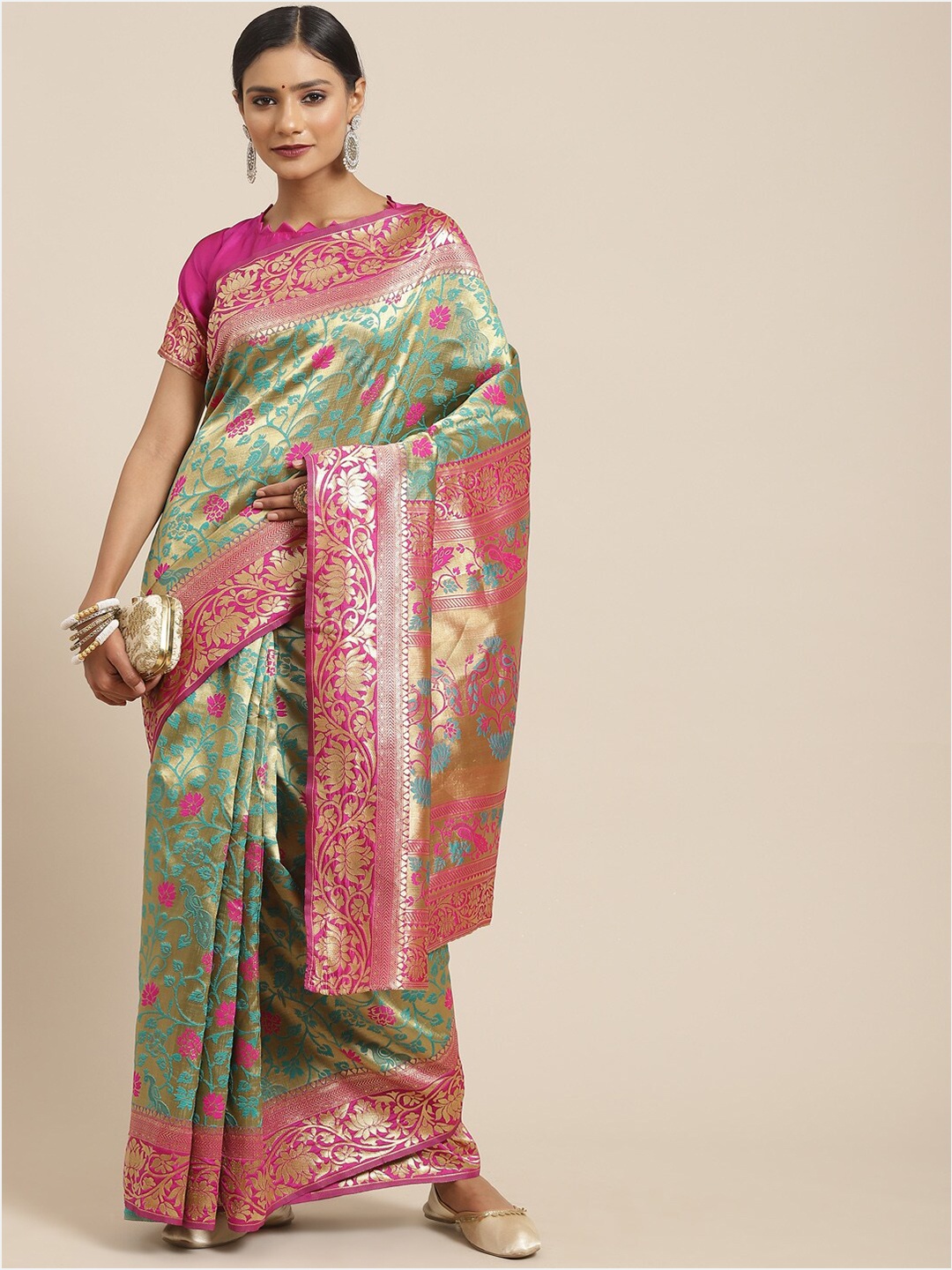 

KALINI Green & Pink Floral Zari Silk Blend Kanjeevaram Saree