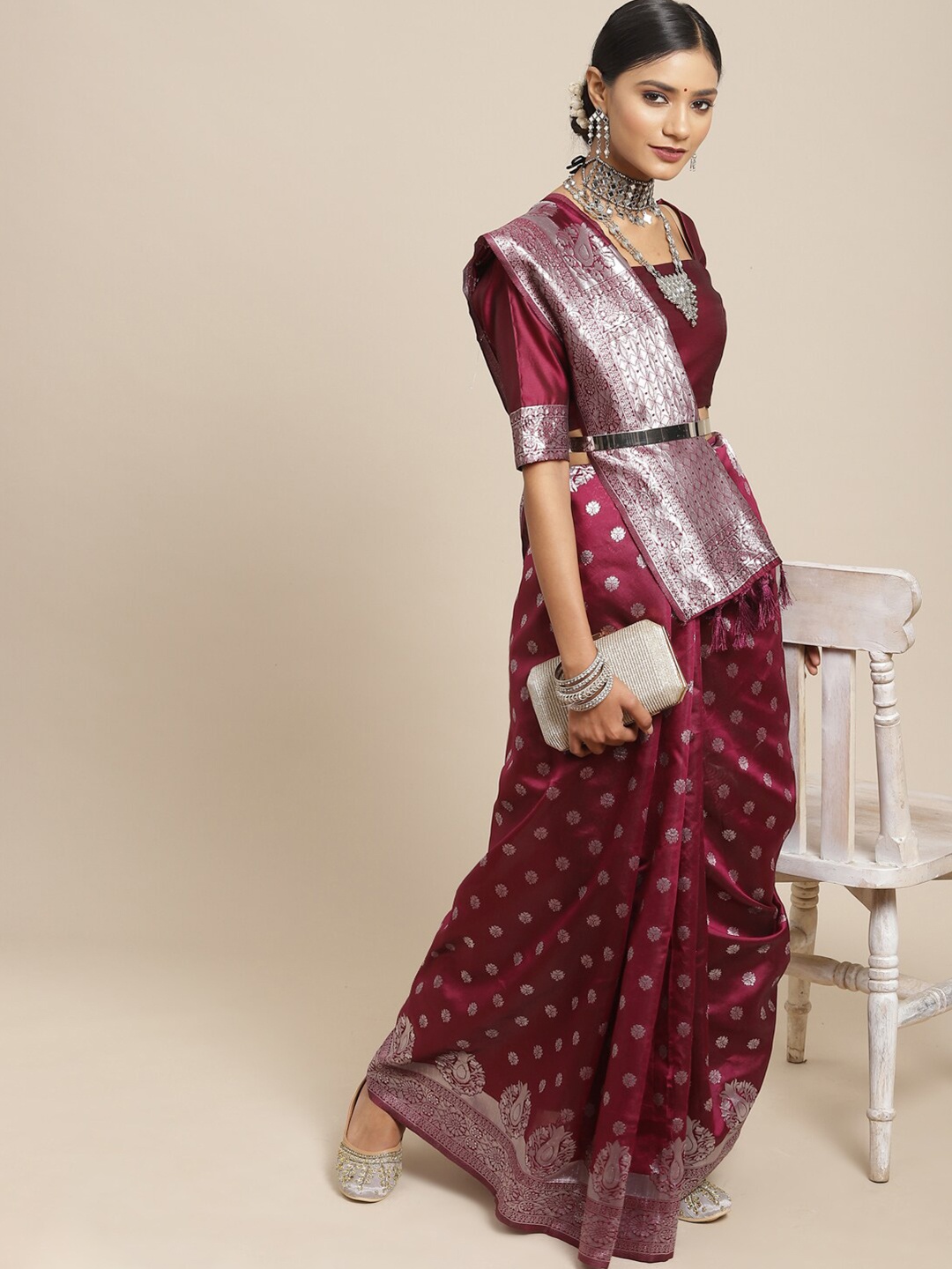 

KALINI Purple & Silver-Toned Woven Design Zari Silk Blend Banarasi Saree