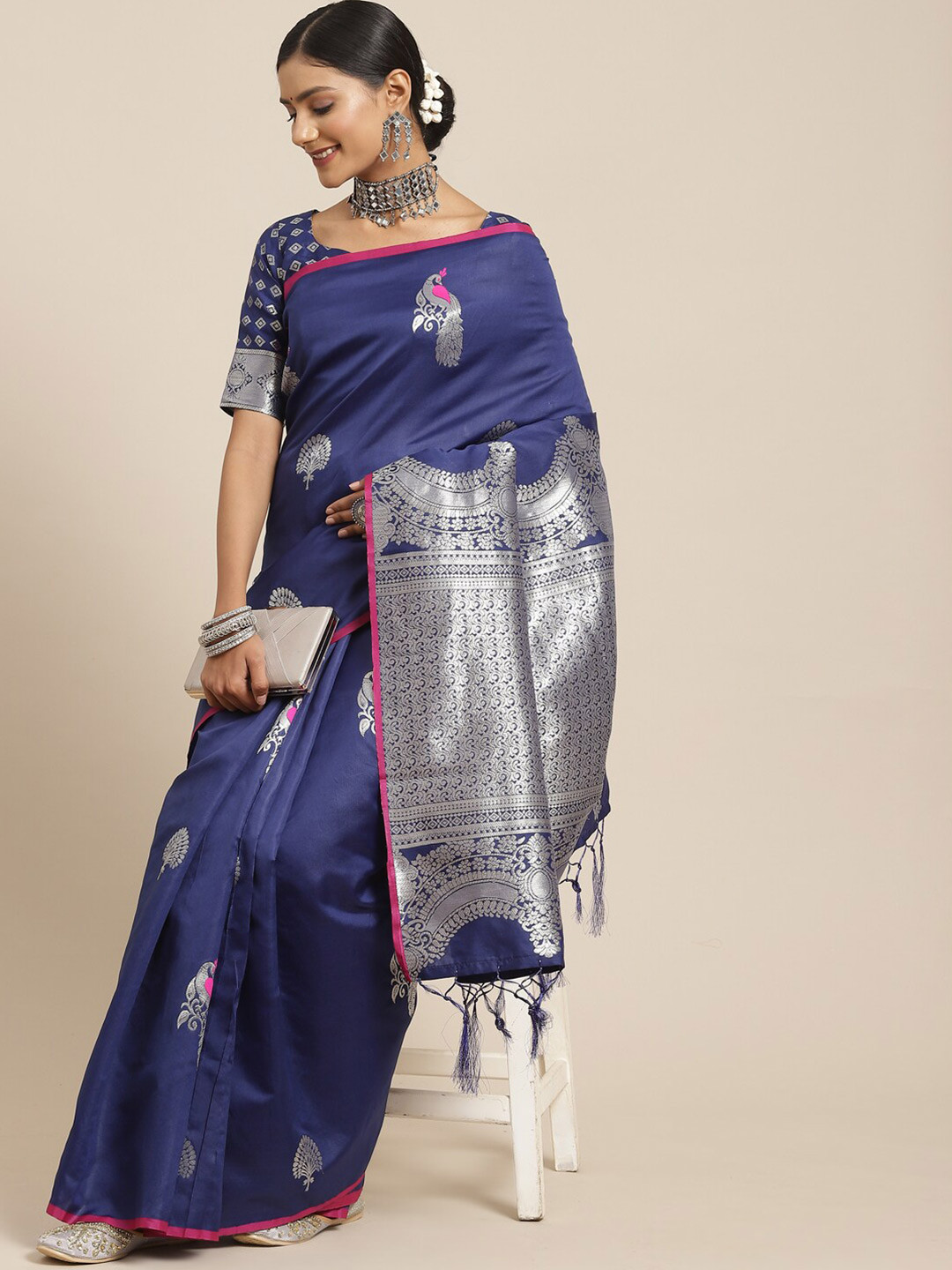 

KALINI Navy Blue & Silver-Toned Ethnic Motifs Zari Silk Blend Dharmavaram Saree