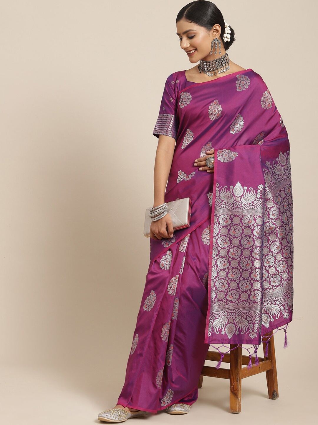 

KALINI Purple & Silver-Toned Woven Design Silk Blend Saree