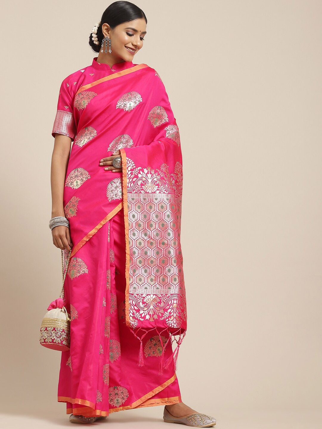 

KALINI Pink & Silver-Toned Woven Design Silk Blend Dharmavaram Saree